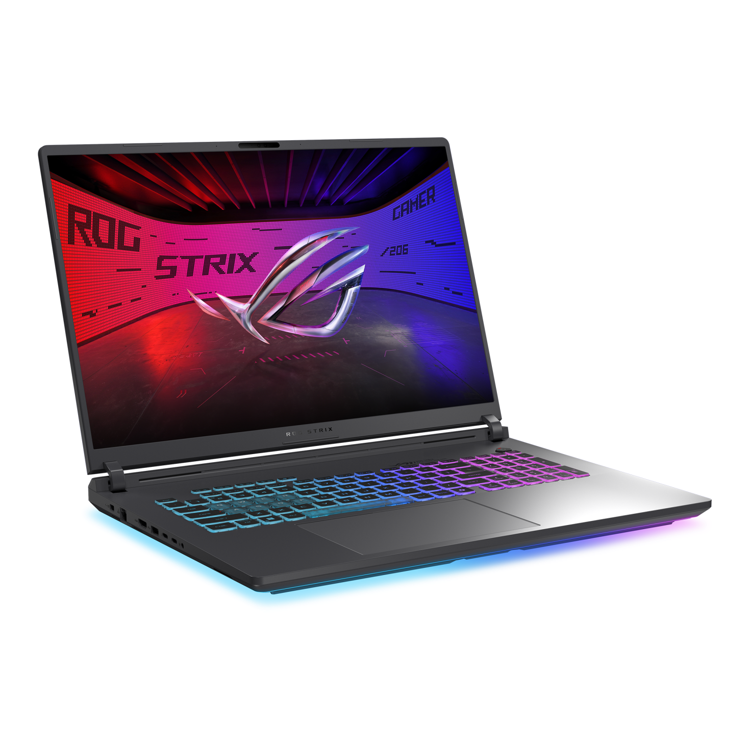 Laptop grigio con tastiera illuminata e logo ROG Strix sullo schermo.