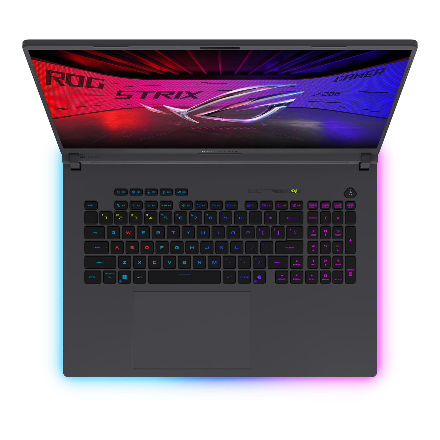 Un laptop da gaming aperto con tastiera retroilluminata e bordo RGB.