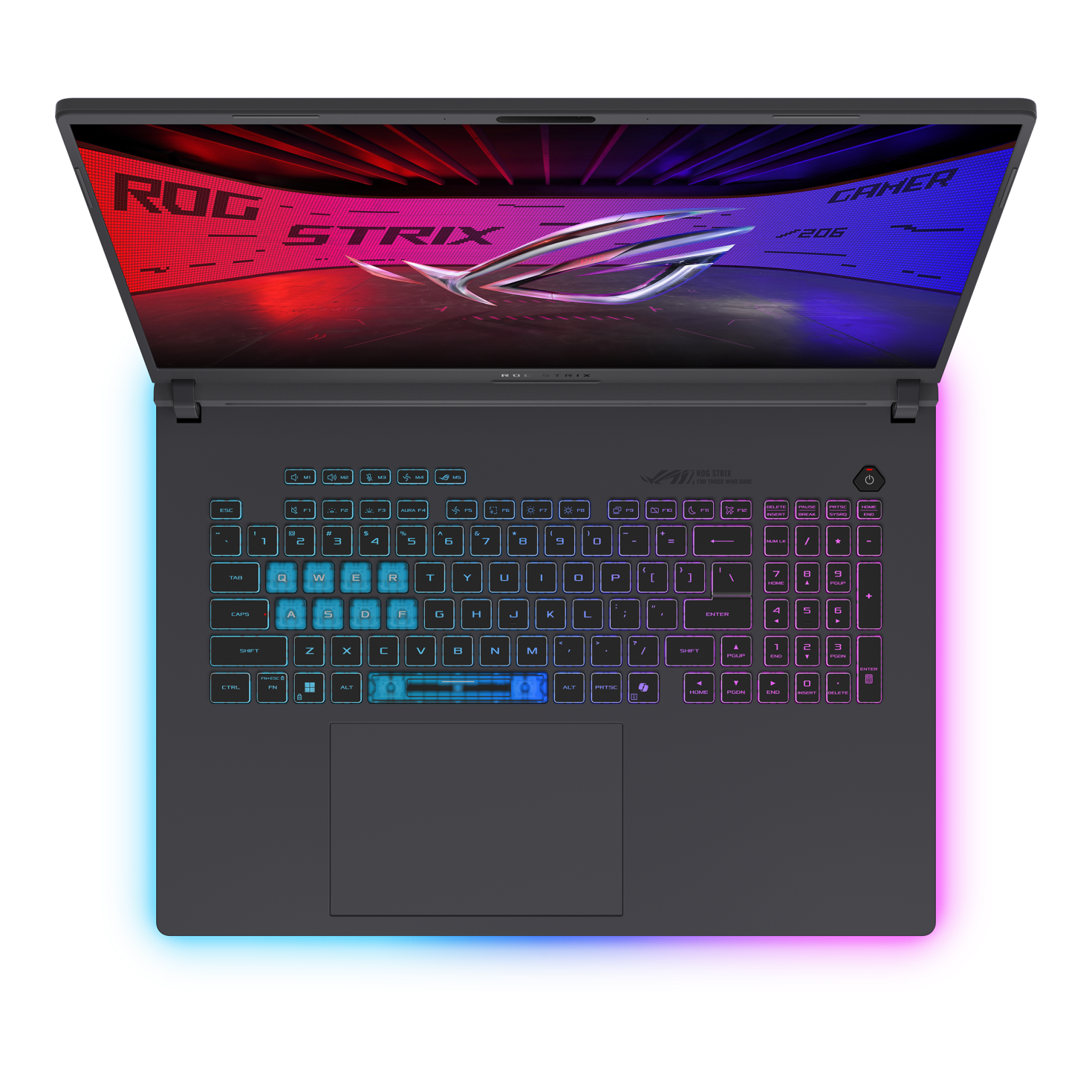 Un laptop ROG Strix aperto con tastiera retroilluminata e bordi luminosi.