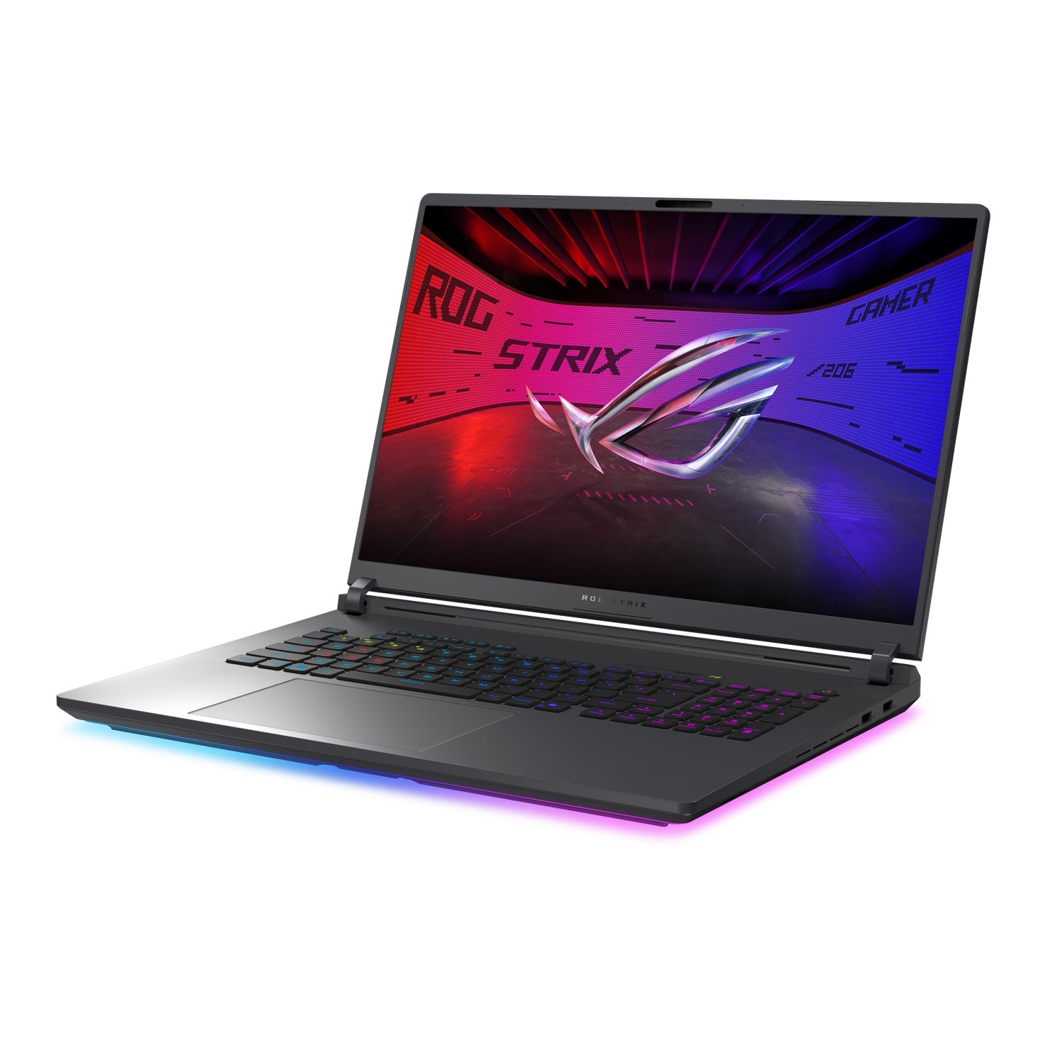 Un laptop gaming scuro con tastiera illuminata e logo ROG Strix sullo schermo, base luminosa.