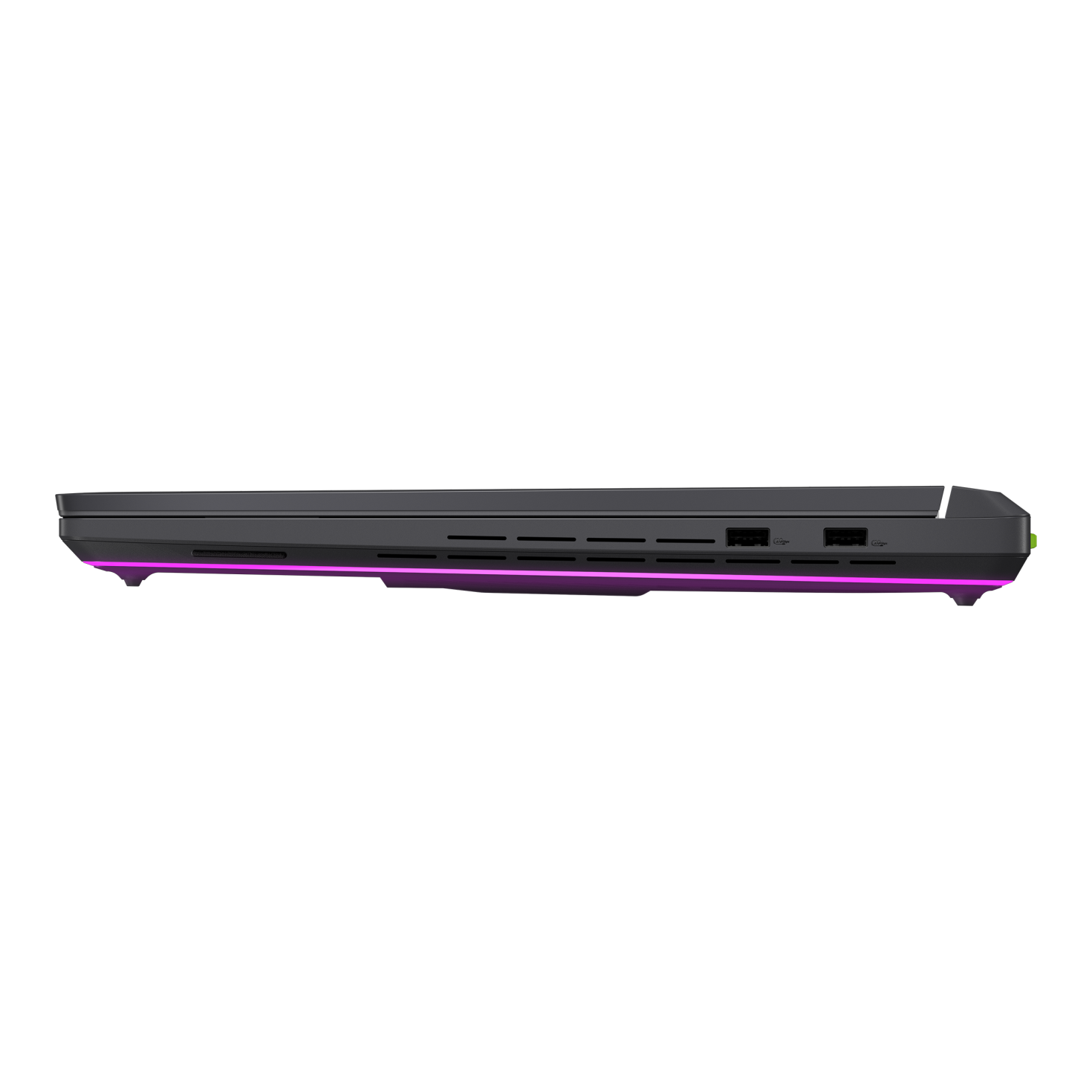 Lato del laptop nero con illuminazione rosa e porte.