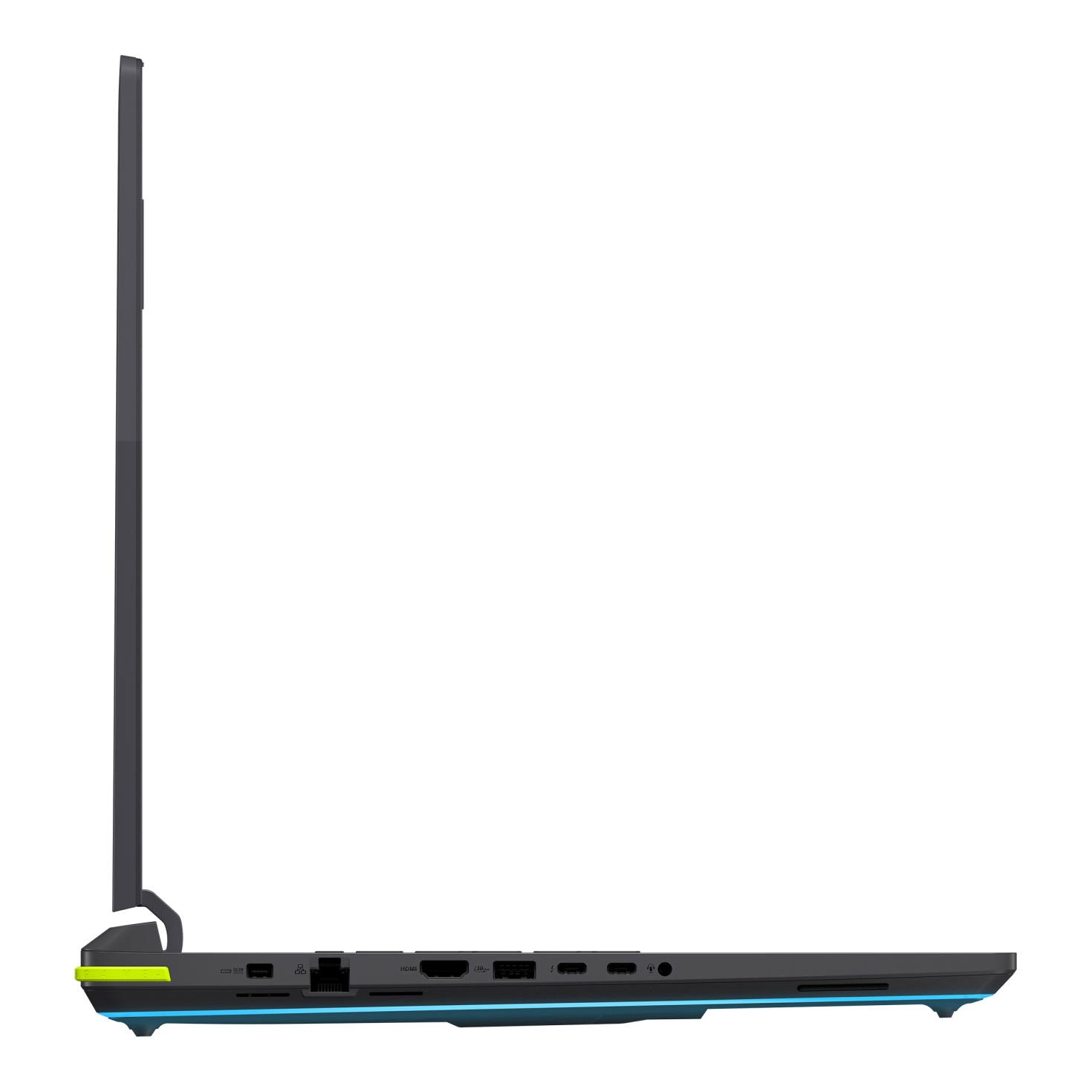 Profilo laptop grigio con porte, illuminato da luci blu e gialle.