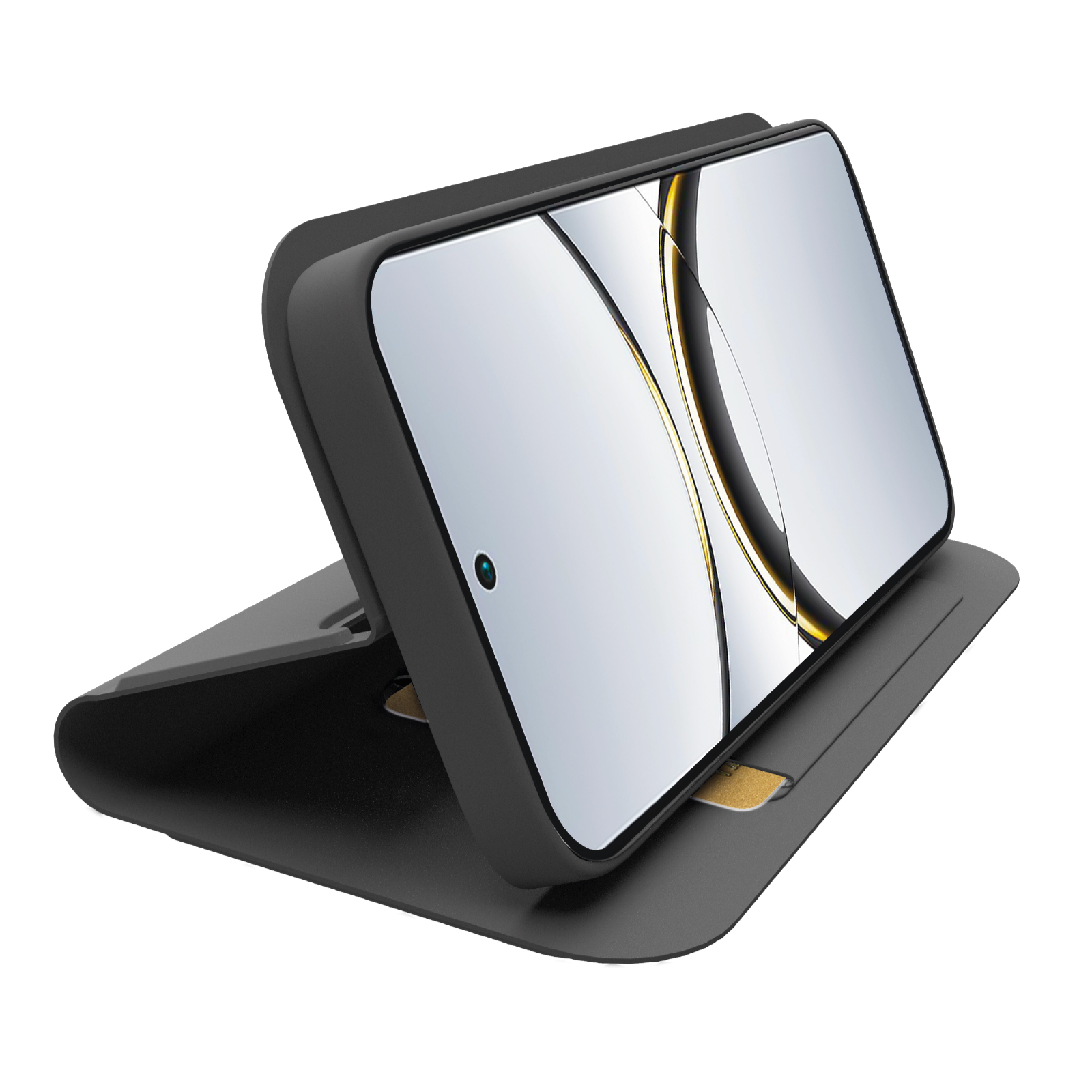 Un smartphone negro descansa sobre una funda negra con ranura para tarjetas.