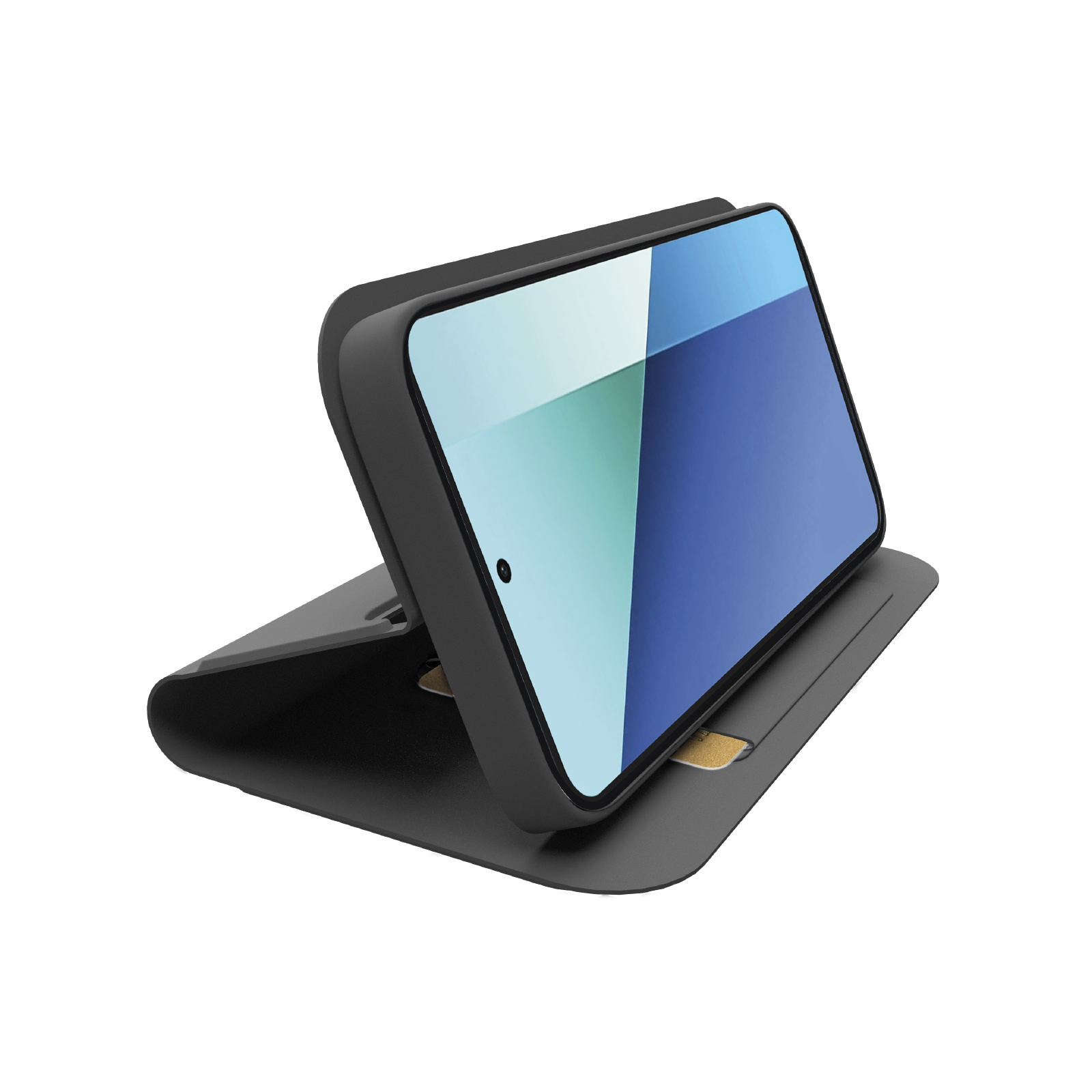 Un smartphone en una funda negra con ranura para tarjetas, sobre fondo blanco.