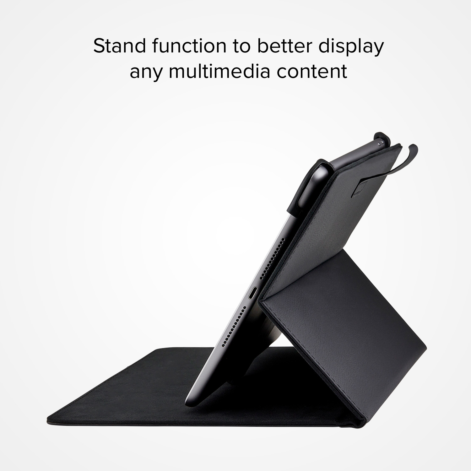 Tablet nero in custodia nera, impostato come supporto.