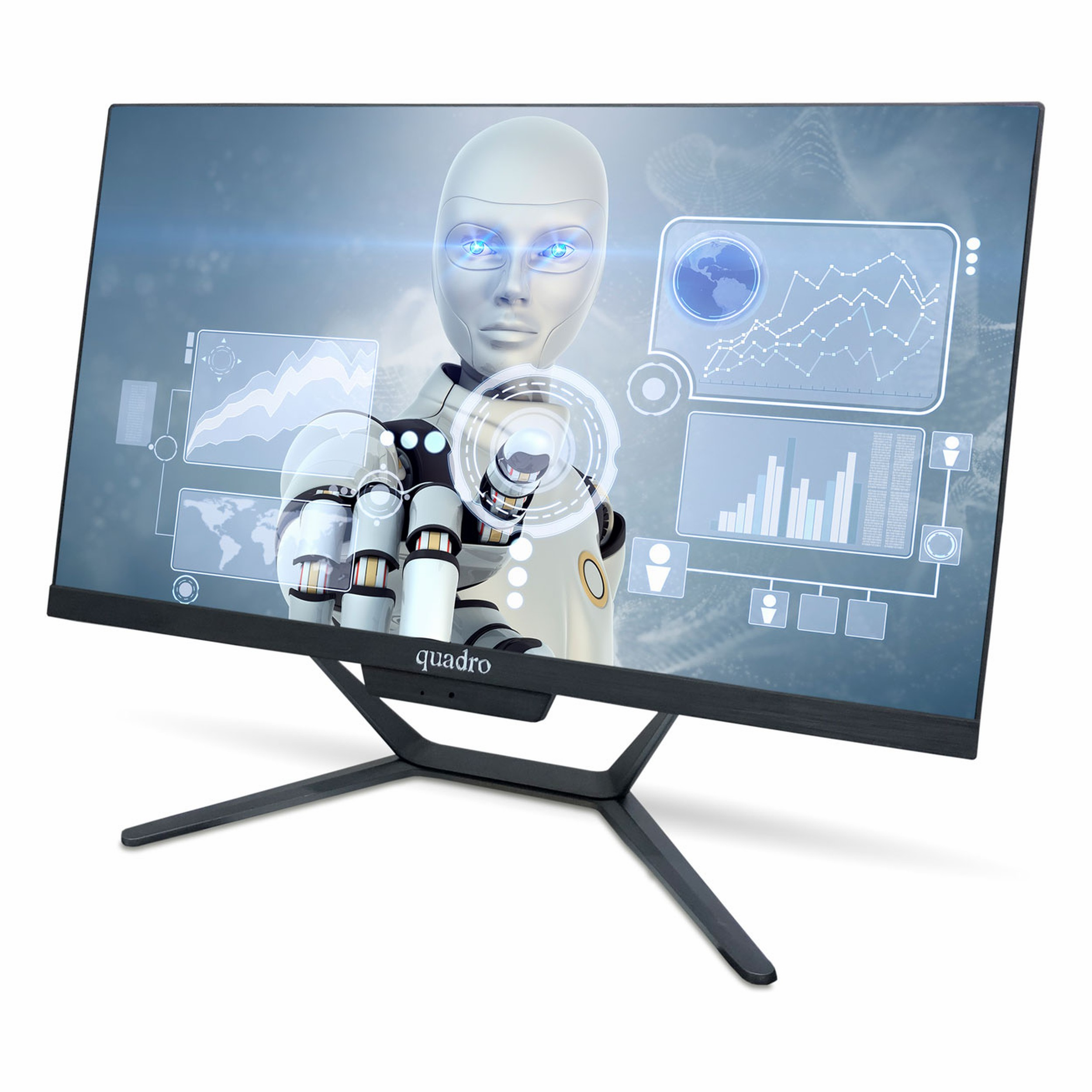 Parlayan gözlere sahip bir robot, bir monitördeki veri görselleştirmeleriyle etkileşim kuruyor.