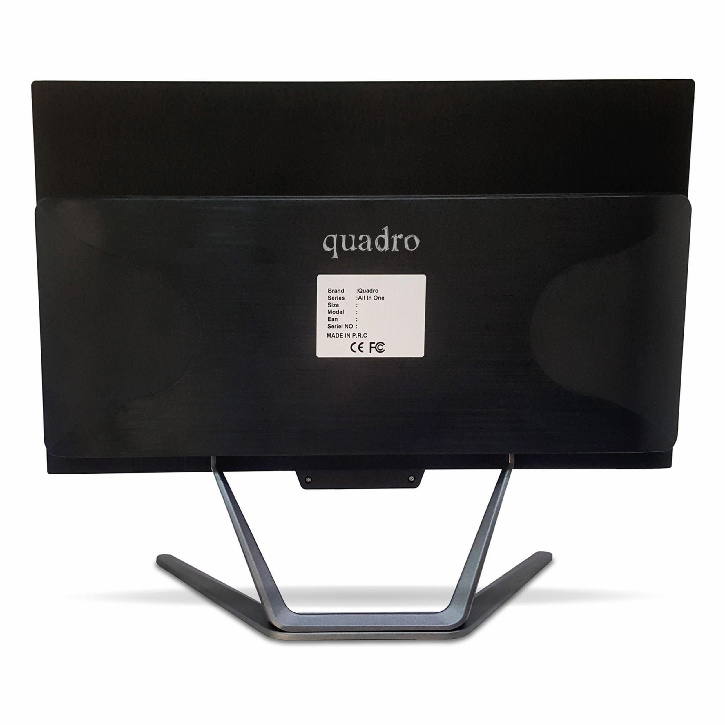 Arkası "quadro" logolu ve etiketli siyah bir hepsi bir arada bilgisayar.