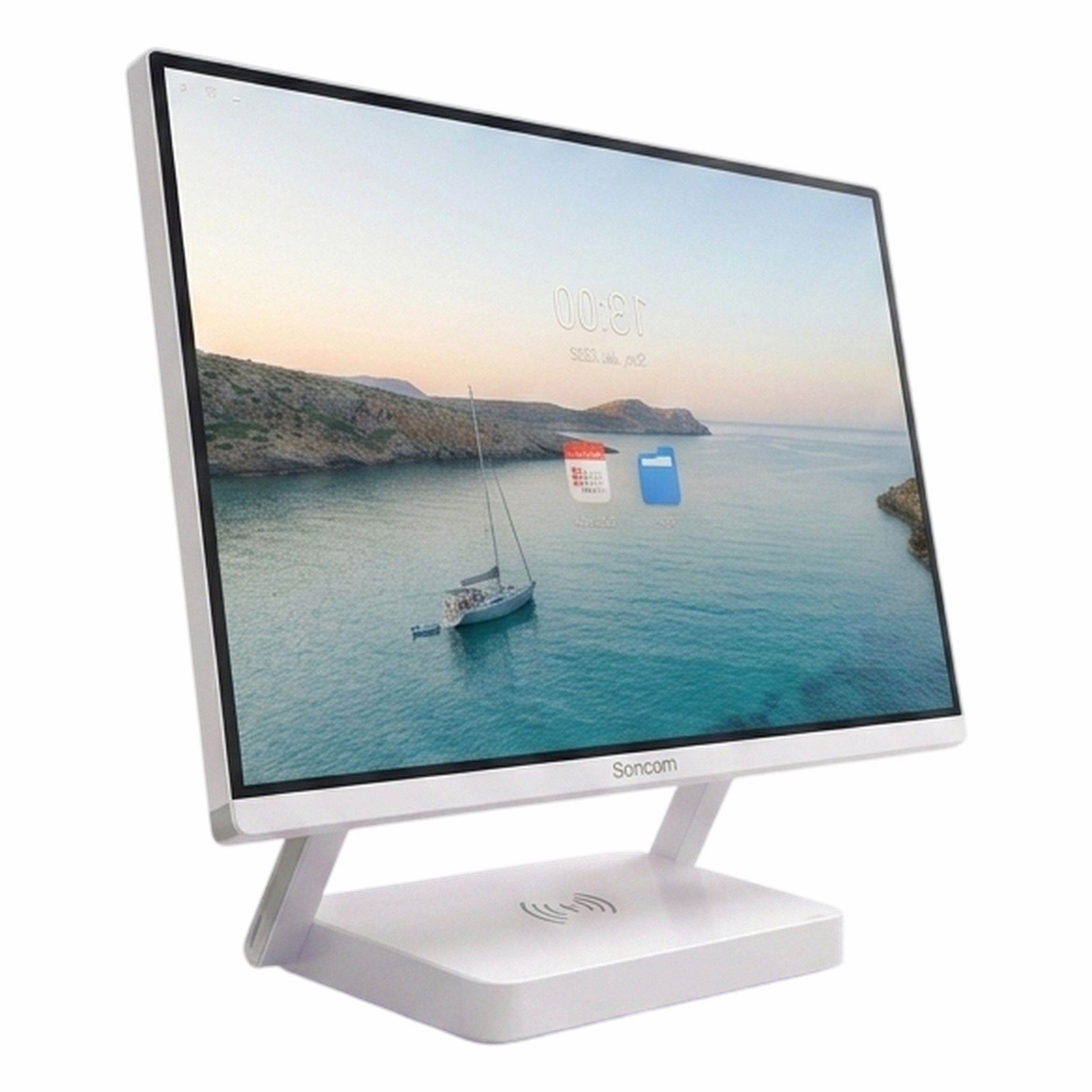 Denizde yelkenli gösteren beyaz monitör. Minimalist tasarım.