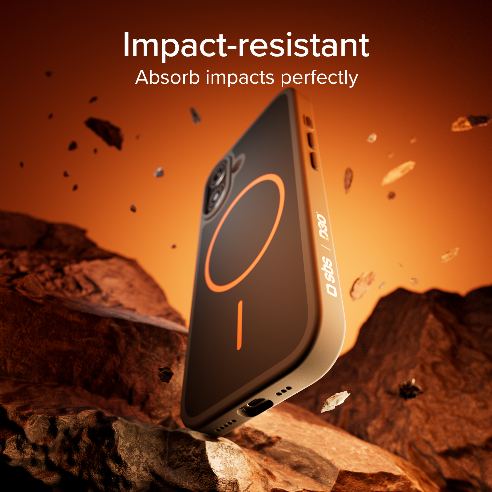 Funda negra para teléfono con círculo naranja sobre fondo rocoso y naranja.