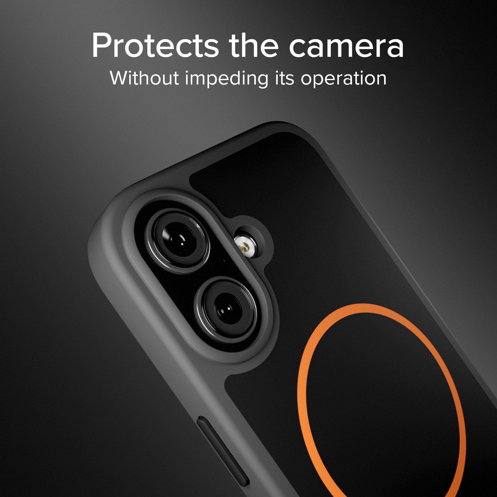 Primer plano de una funda de teléfono negra con doble cámara y un círculo naranja.