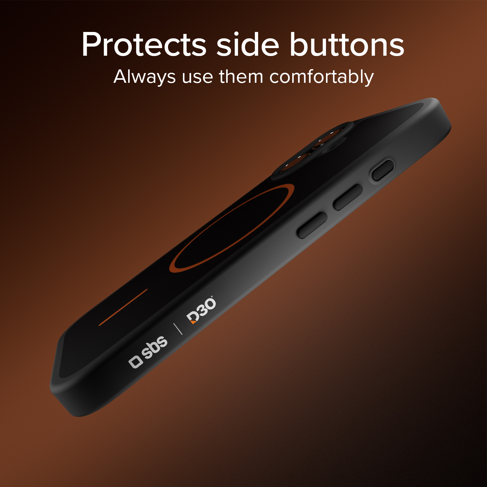 Funda negra para teléfono con detalles naranjas sobre fondo marrón.