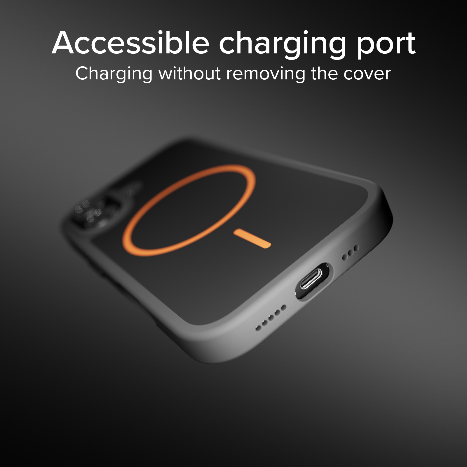 Funda de teléfono negra con círculo naranja y puerto de carga.