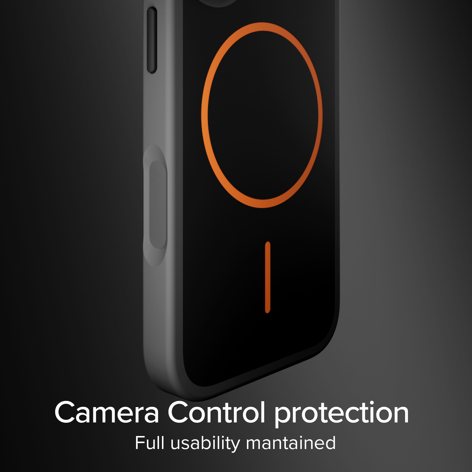 Funda negra con círculo y línea naranja. Texto: Protección de control de cámara.