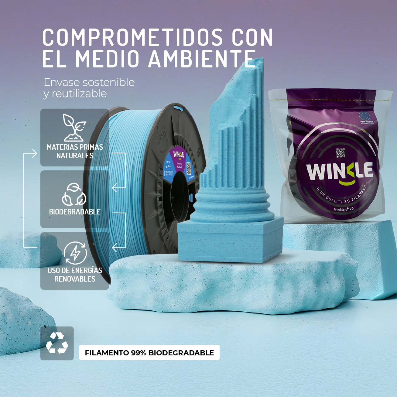 Bobina de filamento azul para impresora 3D, columna y paquete en pedestales.