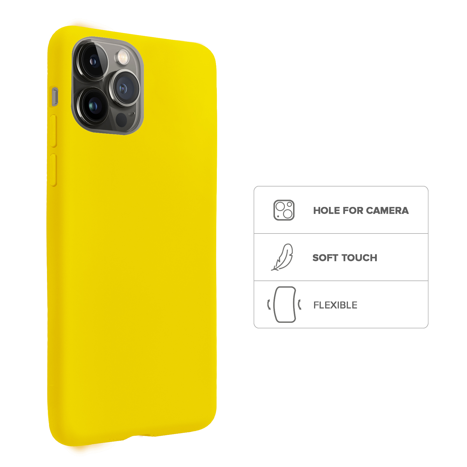 Funda amarilla para teléfono con recorte de cámara, tacto suave y flexibilidad.