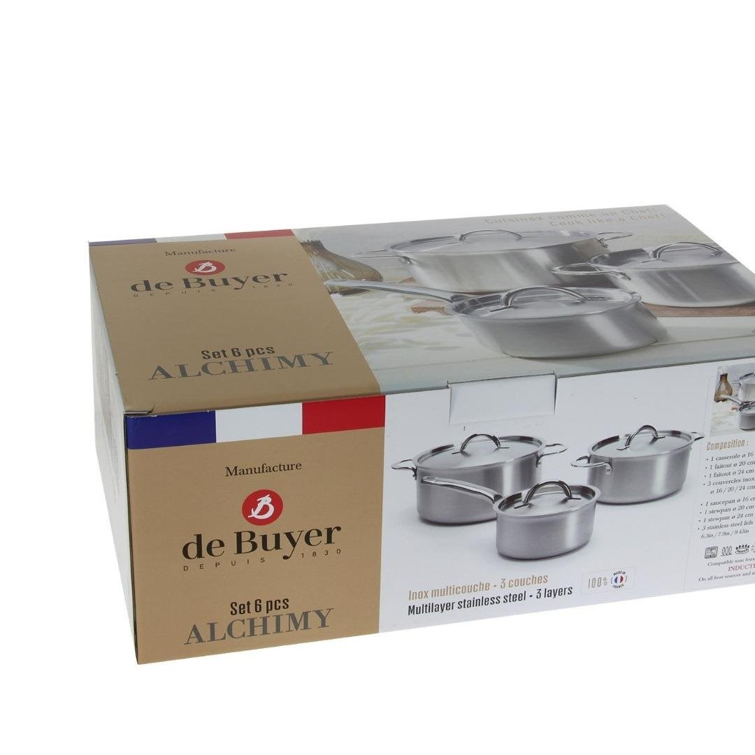 6 parçalı De Buyer Alchimy paslanmaz çelik tencere setinin ambalajı.