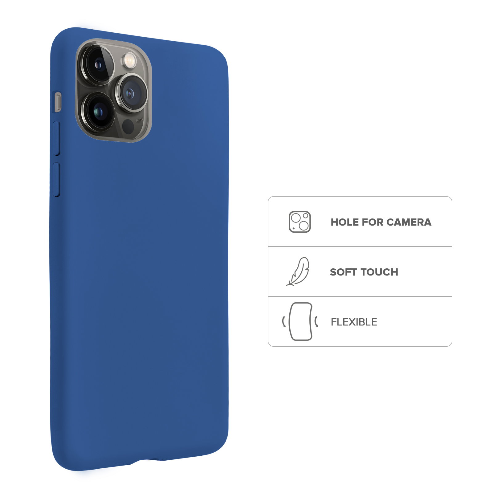 Funda azul para teléfono con recorte de cámara e íconos de tacto suave y flexibilidad.