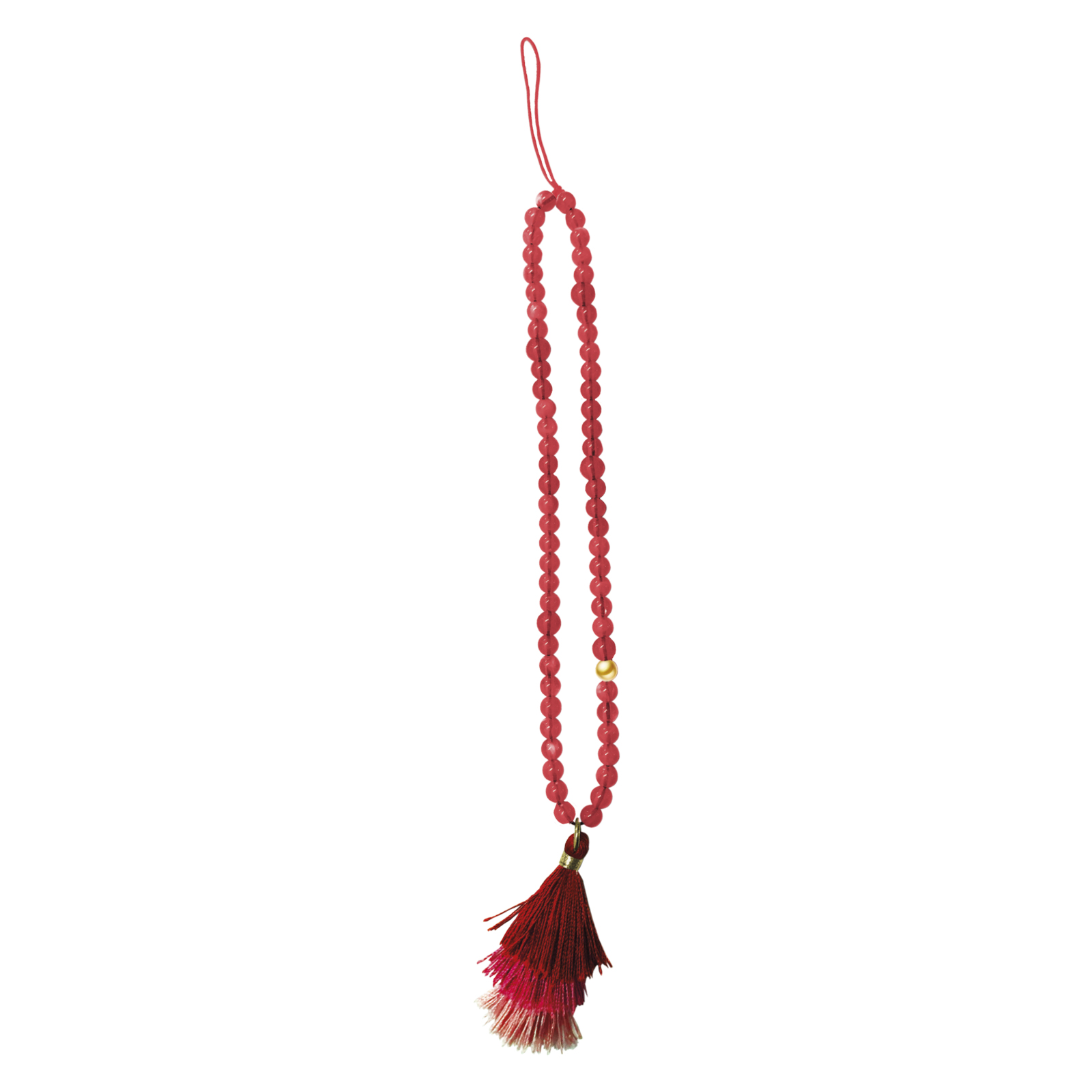 Collar de cuentas rojas con borla y acento dorado.