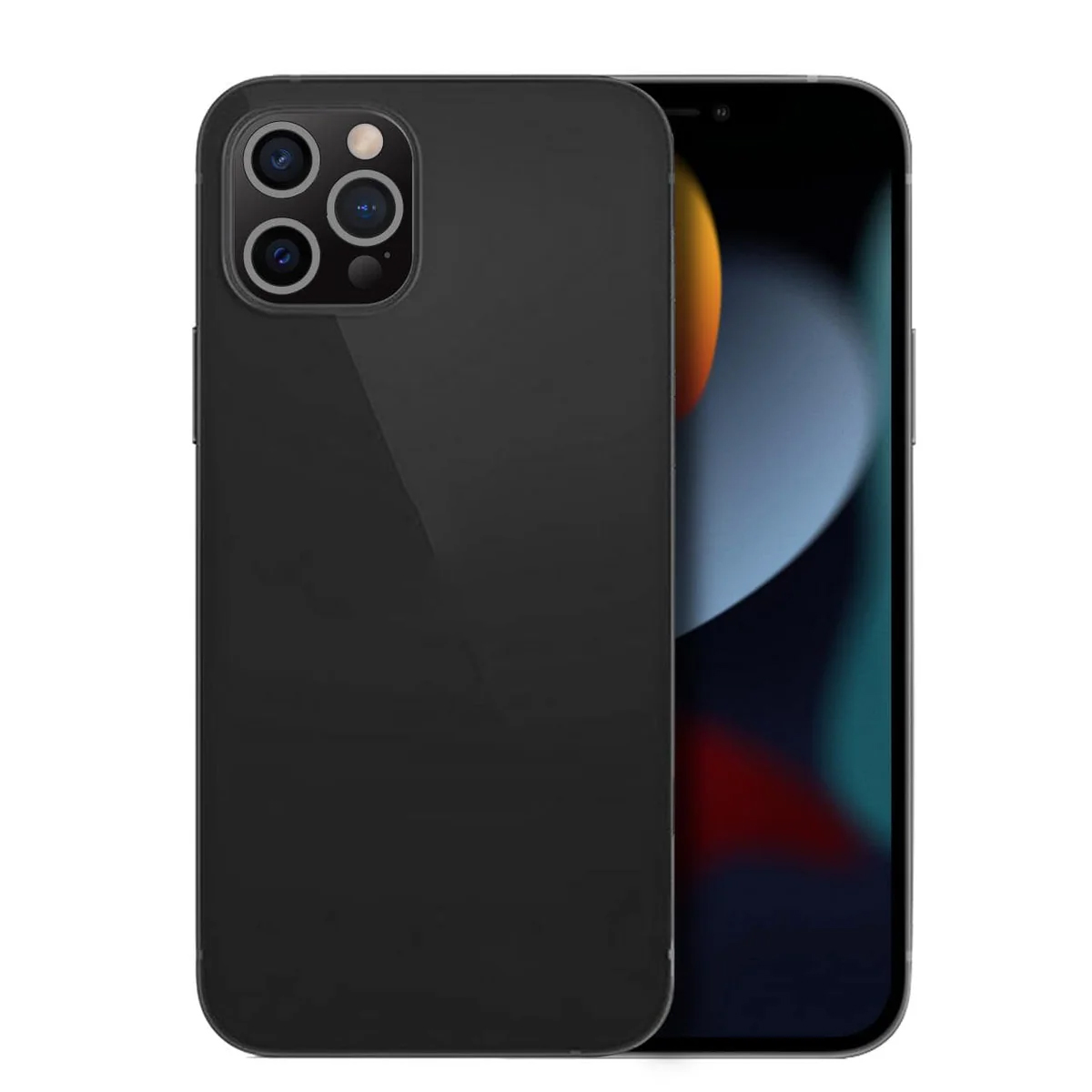 Smartphone nero con tre fotocamere e schermo con sfondo astratto.
