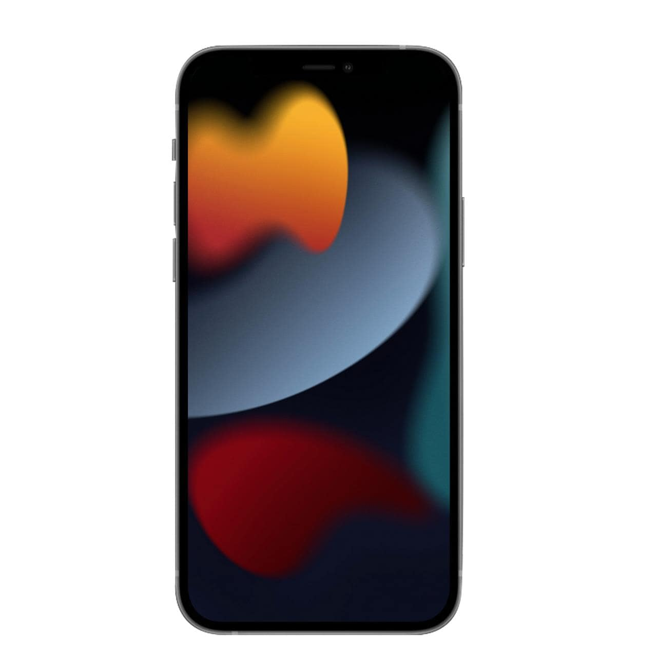 Uno smartphone nero mostra uno sfondo astratto con forme rosse, arancioni e blu.