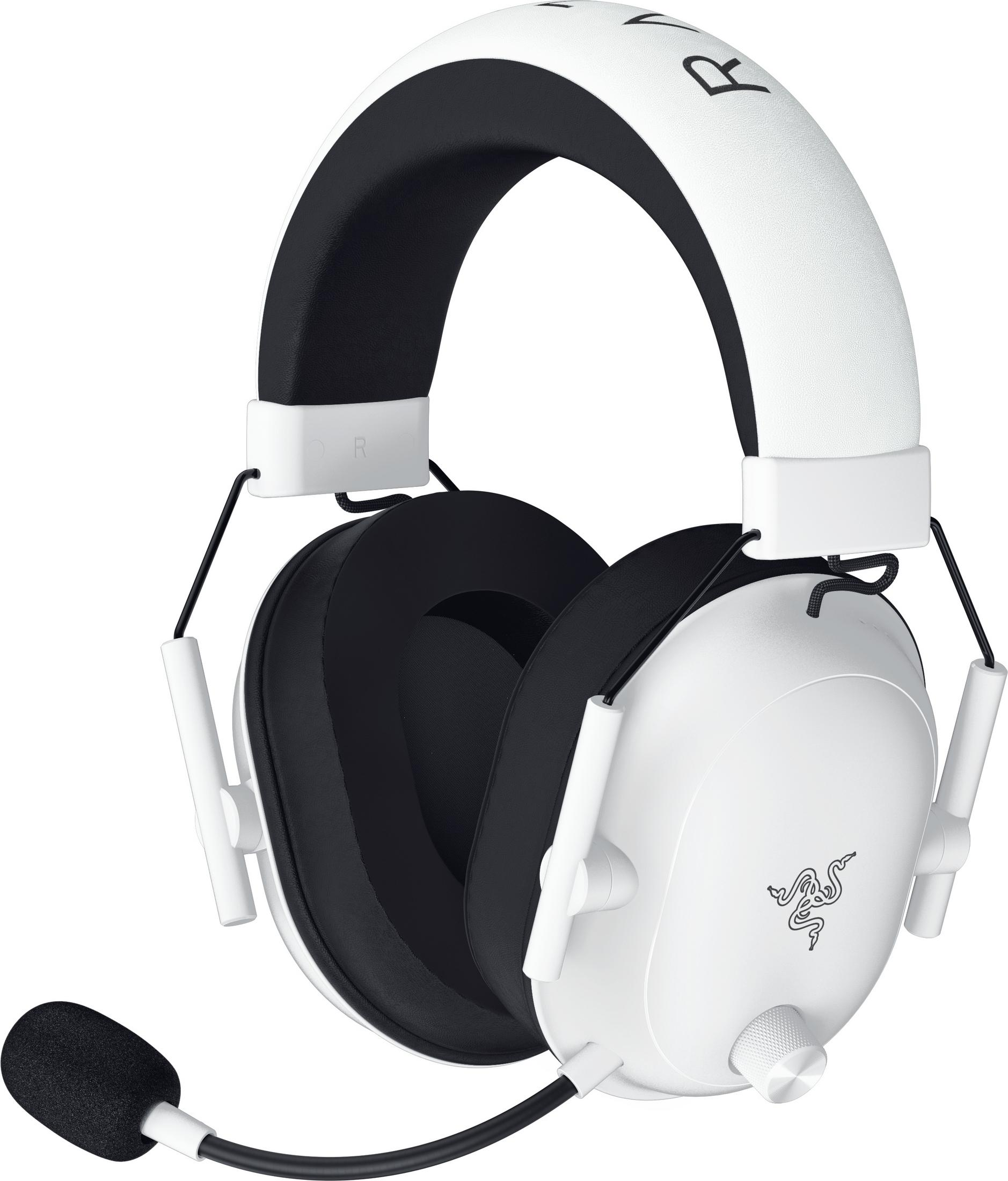 White headset with black microphone and Razer logo.