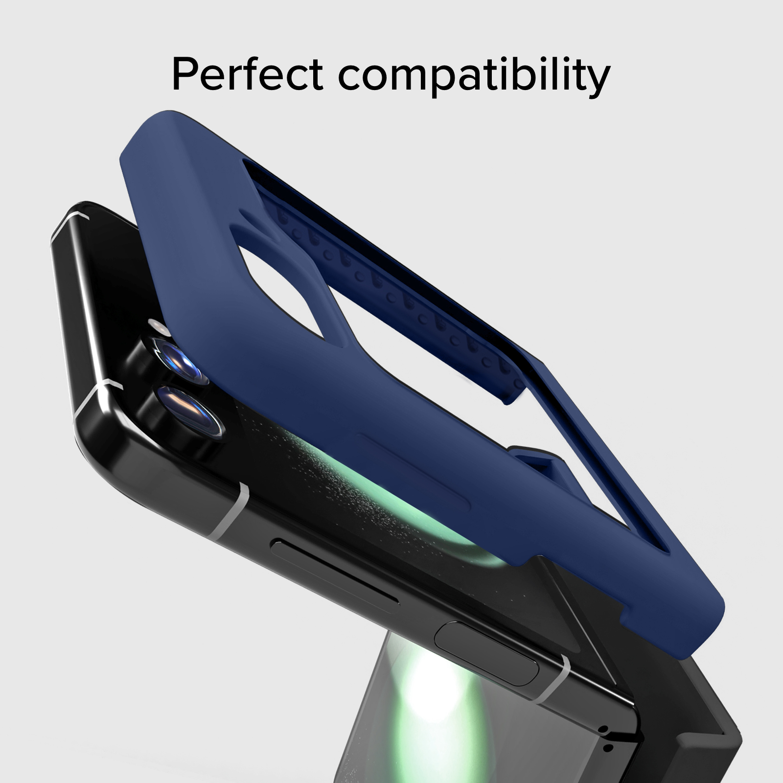 Una funda de teléfono azul oscuro se coloca sobre un smartphone negro.