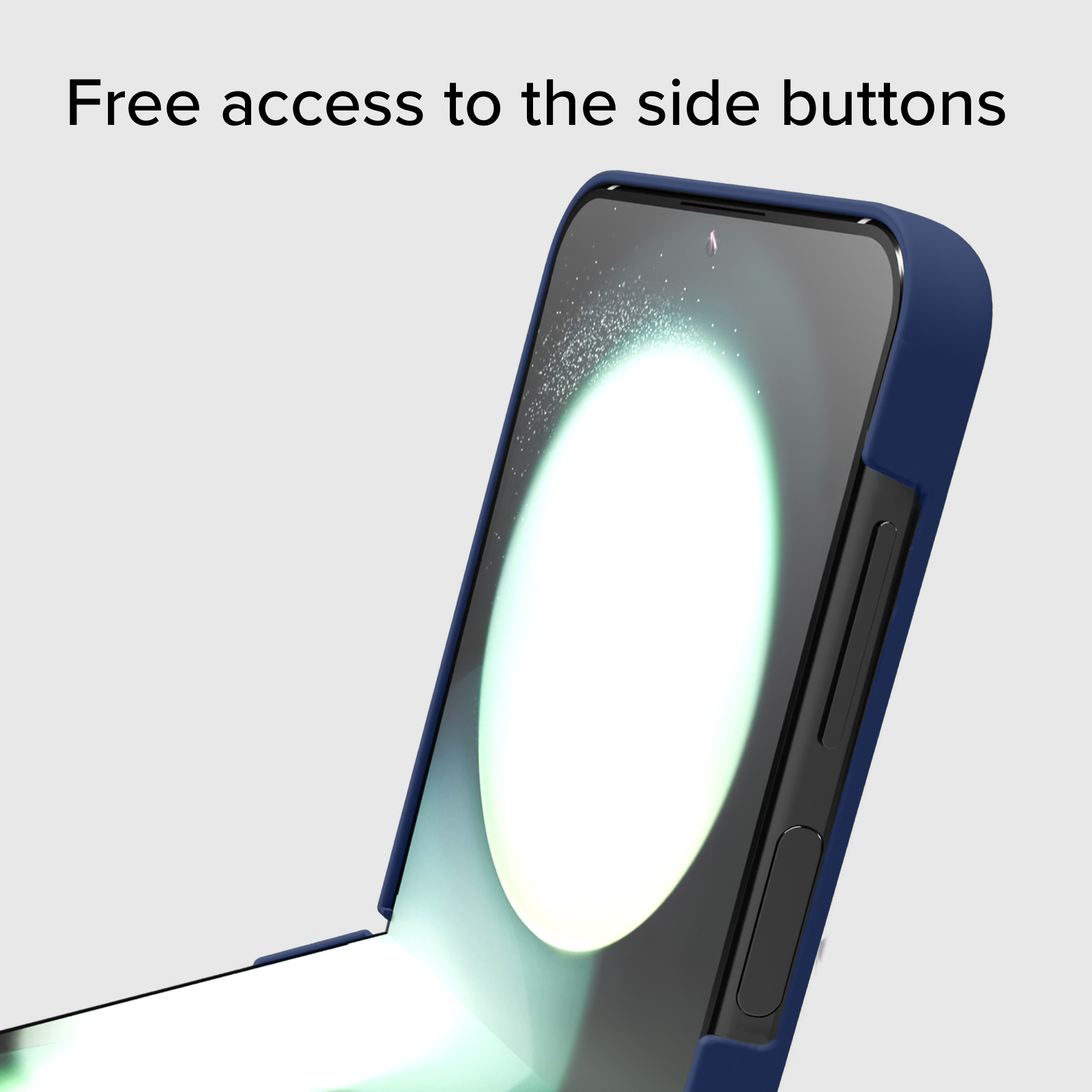 Funda de teléfono azul oscuro con acceso libre a los botones laterales.