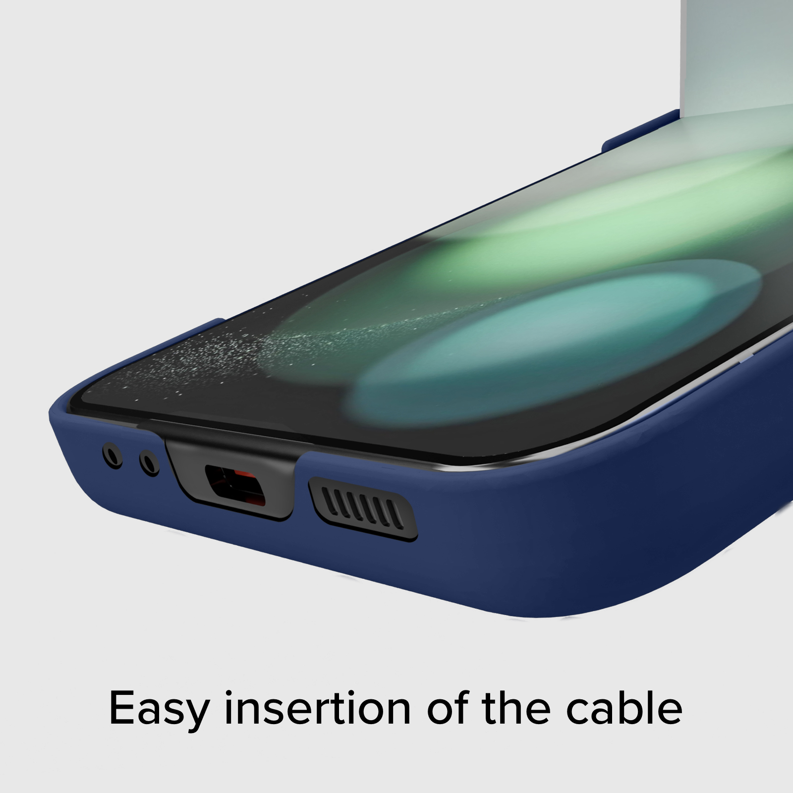 Primer plano de una funda de teléfono azul que muestra el puerto de carga y los orificios.