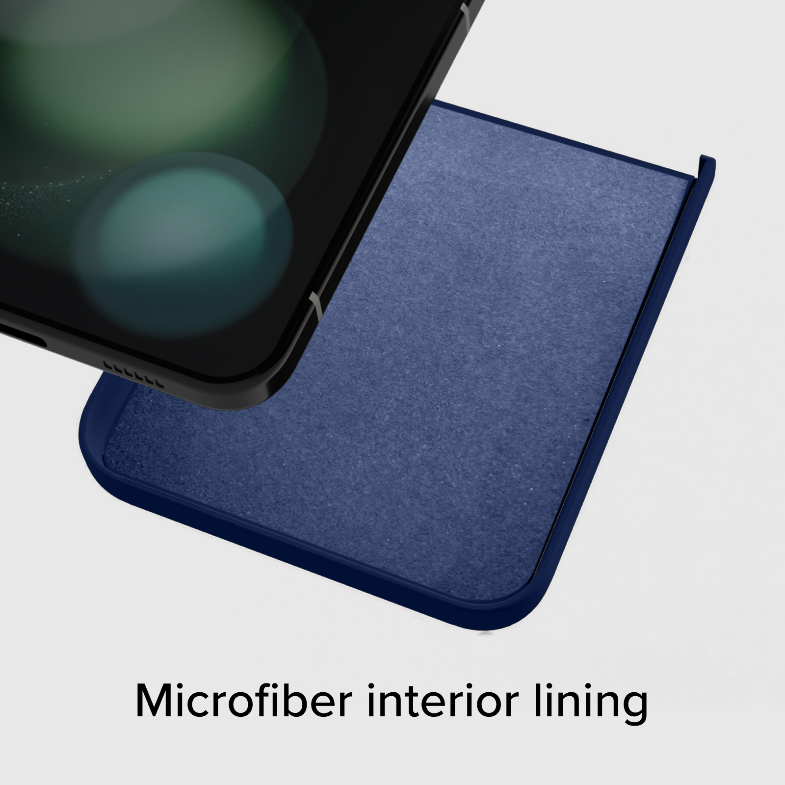Teléfono inteligente negro sobre forro interior de microfibra azul.