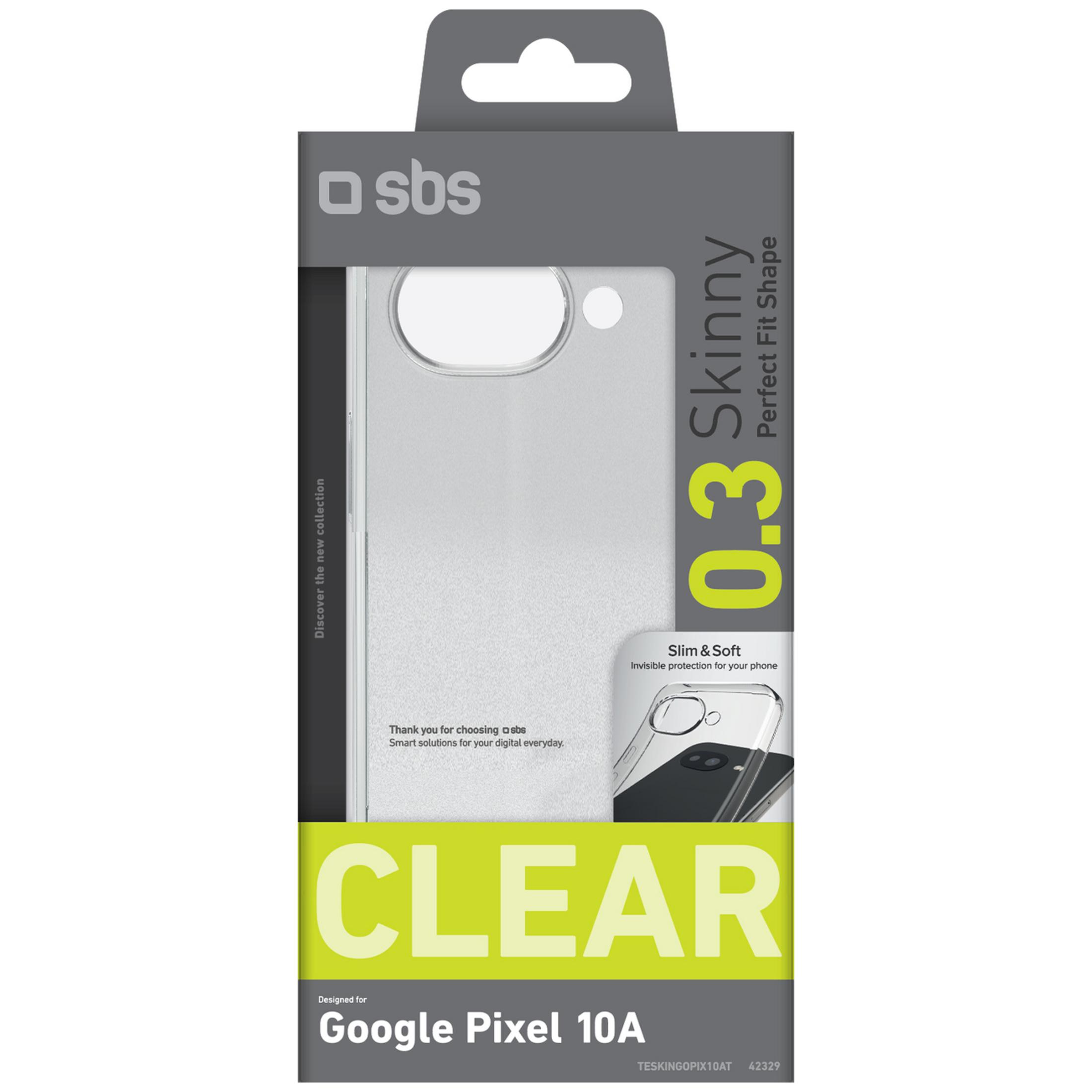 Embalaje para una funda transparente para Google Pixel 10A.