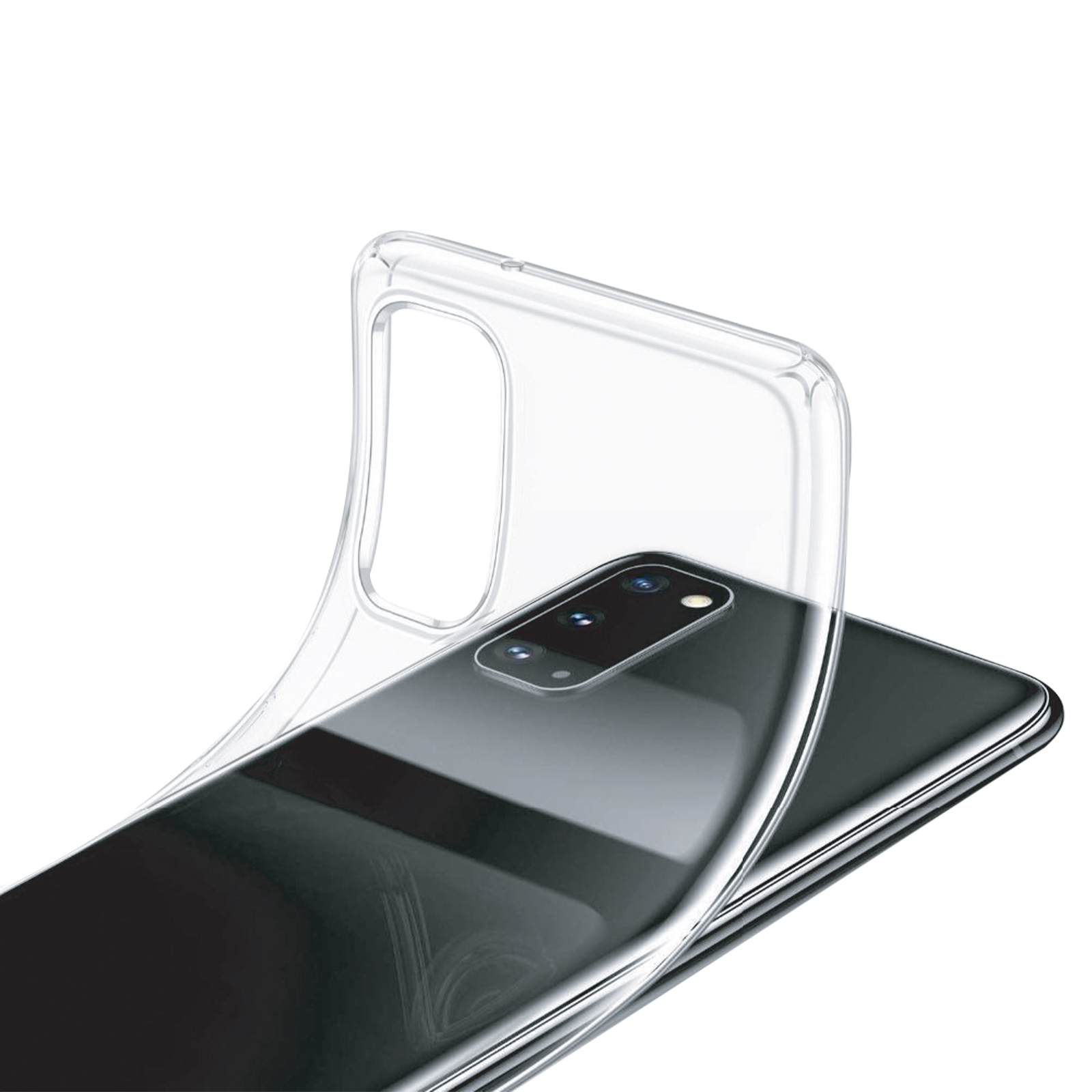 Una cover trasparente per telefono giace su uno smartphone con tre fotocamere.