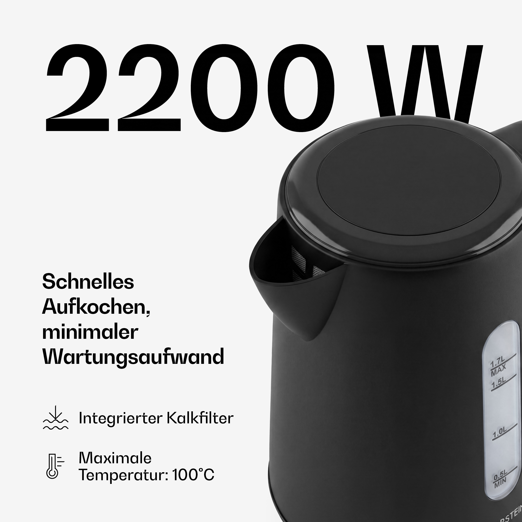 Schwarzer Wasserkocher mit 2200W, integriertem Kalkfilter und Temperaturanzeige.