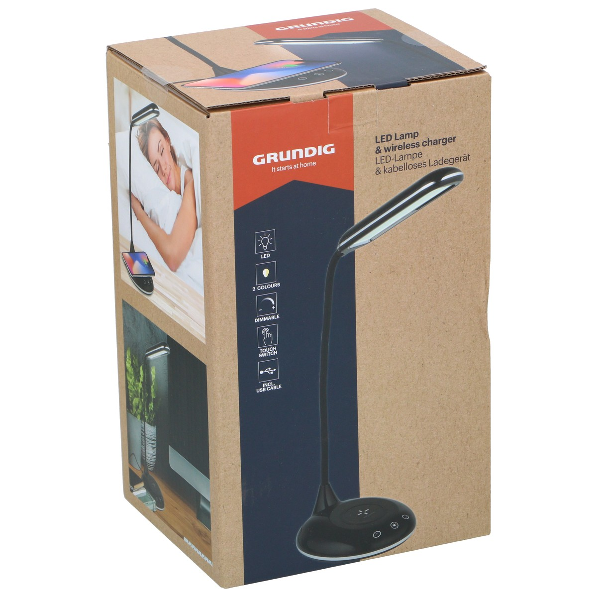 Black LED desk lamp with wireless charger on its packaging.
