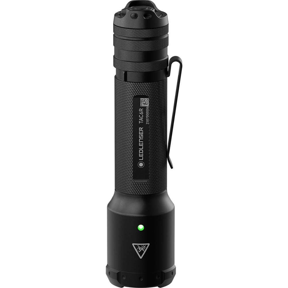 Schwarze LED-Taschenlampe mit taktischem Clip und grüner LED-Anzeige.