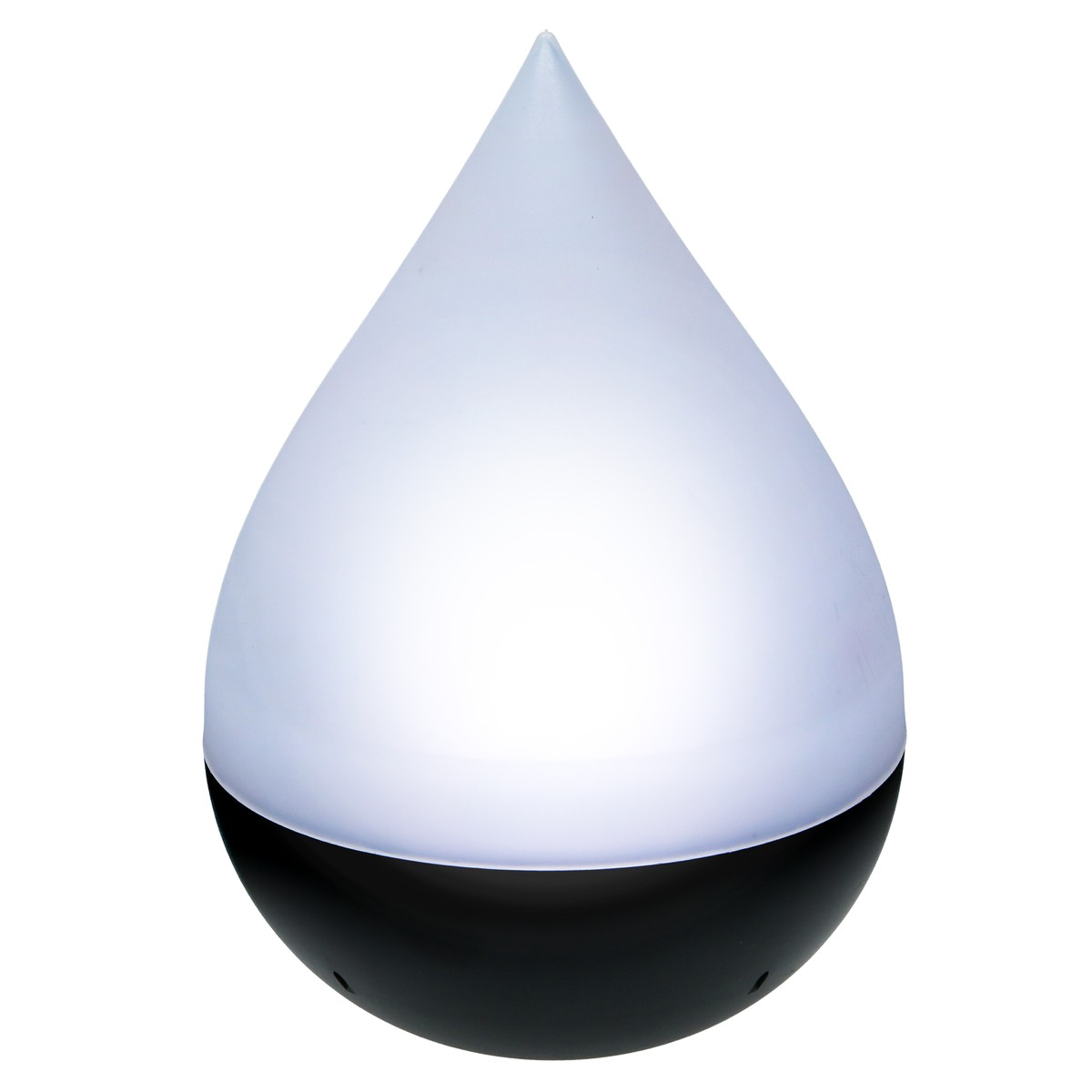 A teardrop-shaped lamp with a black base and a glowing white top.