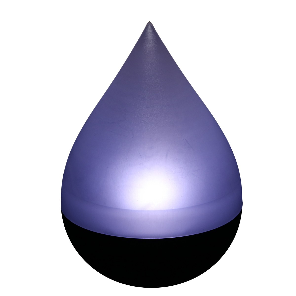 A purple teardrop-shaped lamp with a black base on a white background.