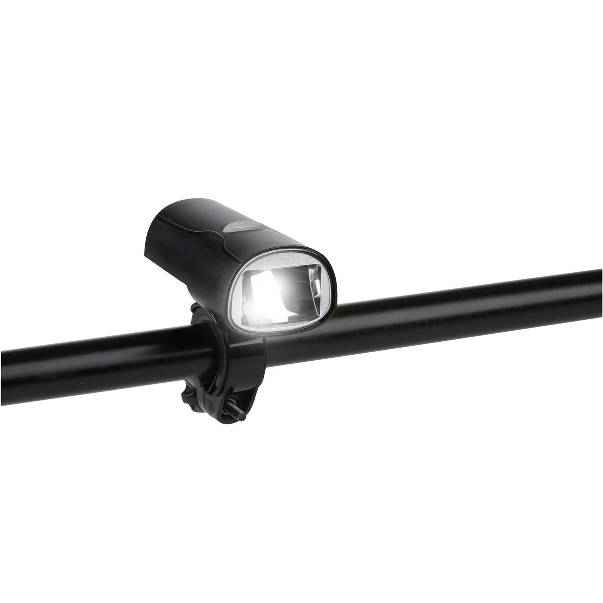 A black bicycle headlight with a clear lens is mounted on a black handlebar.