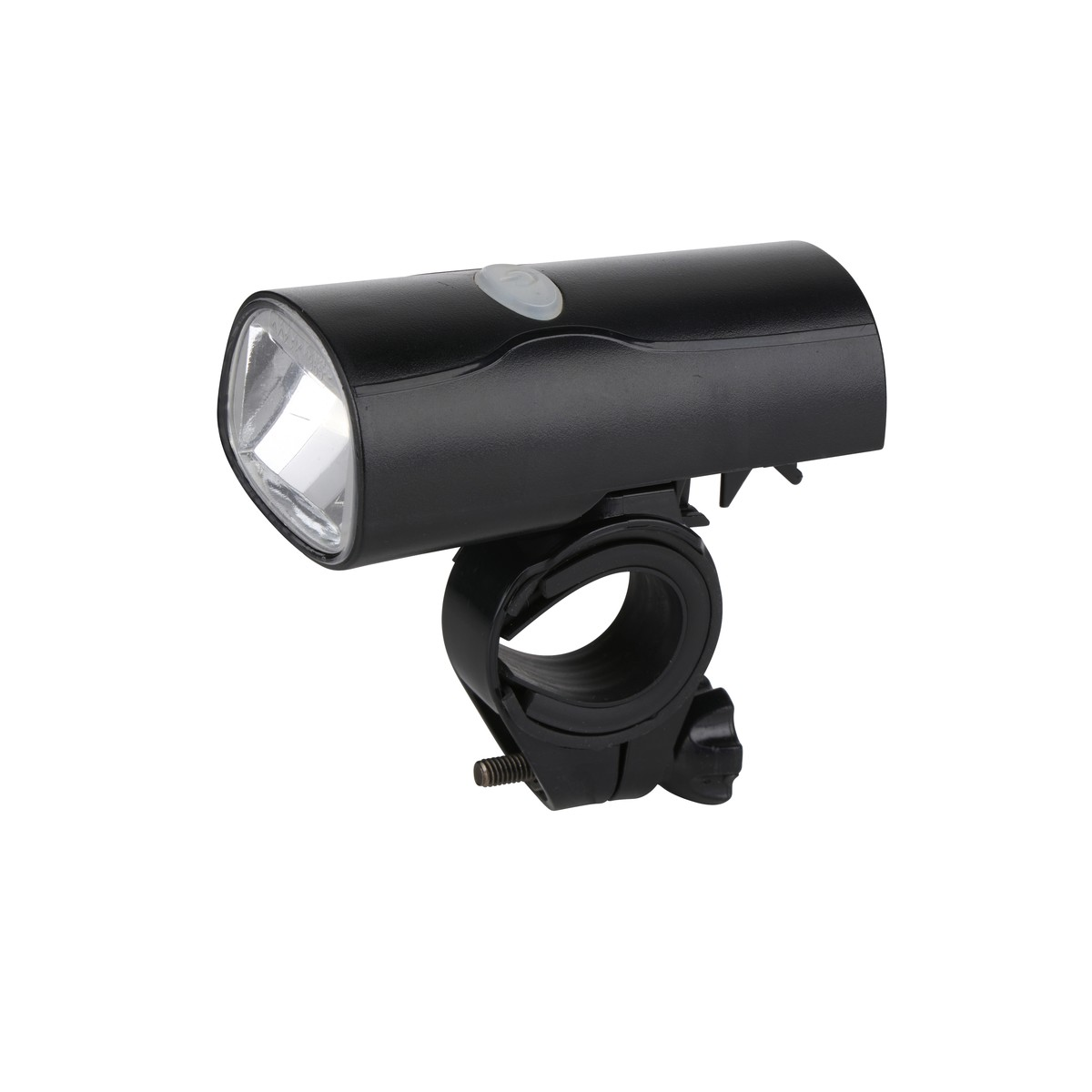 Black bicycle light with a mount, white button, on a white background.