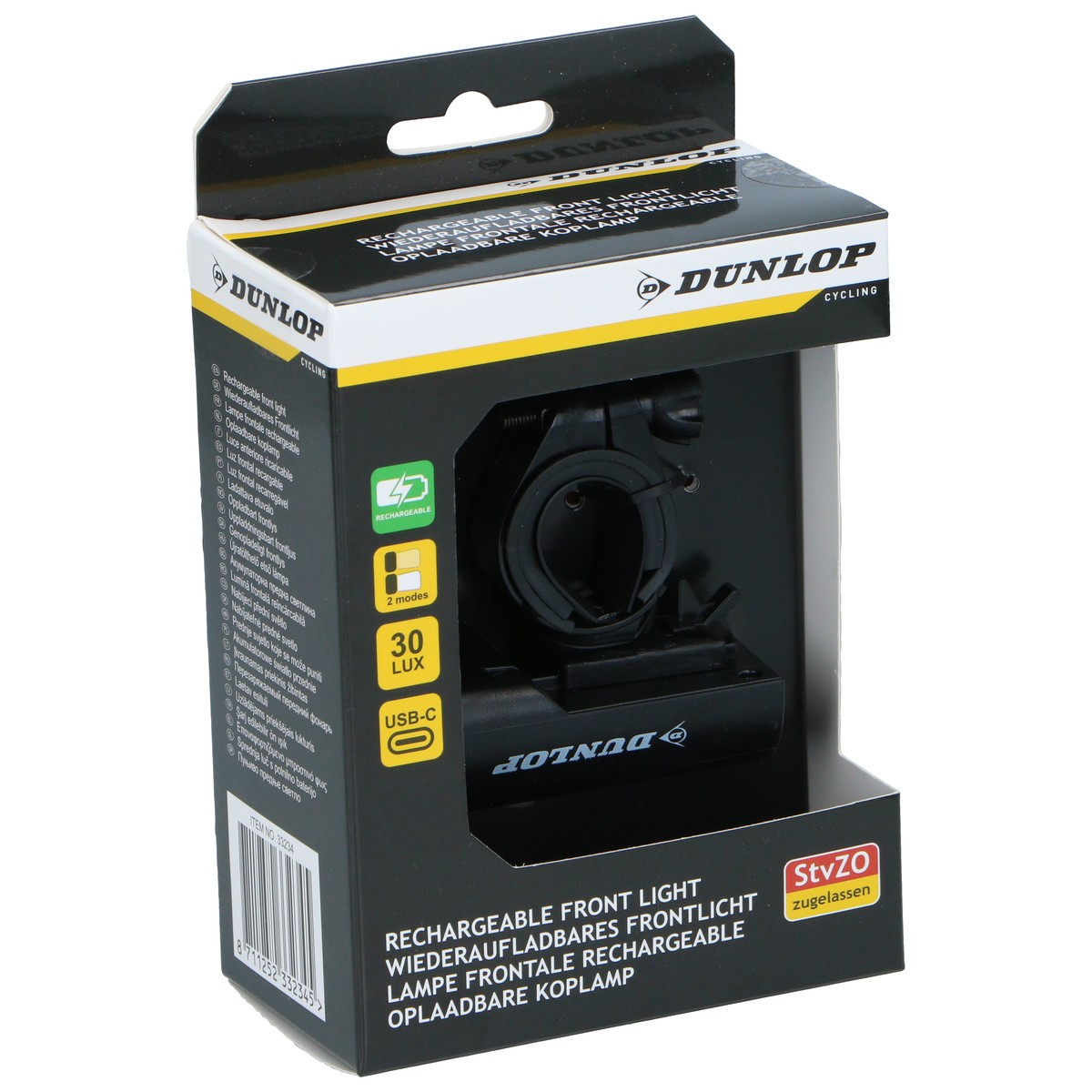 Packaging for a Dunlop rechargeable front bike light with USB-C.