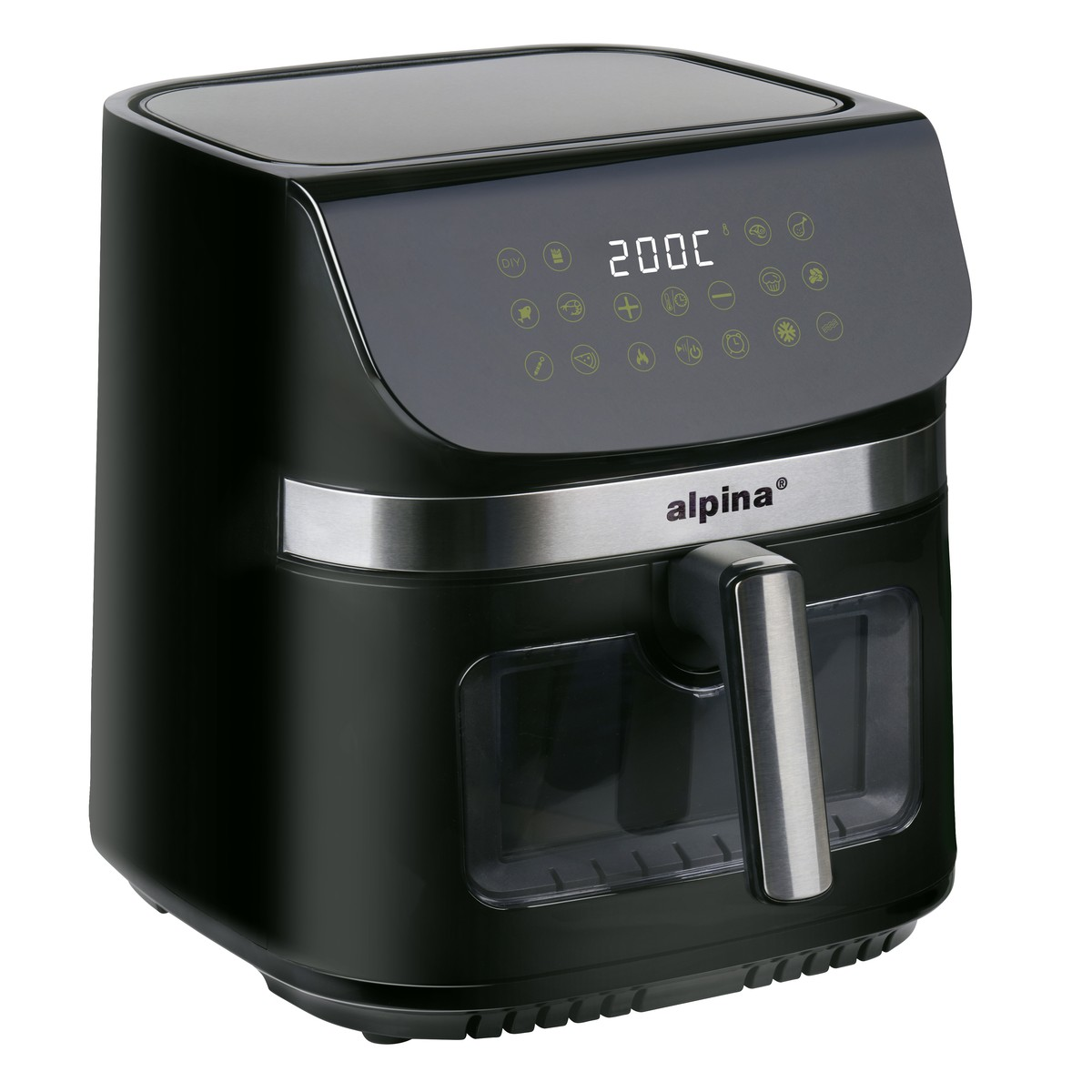 Black air fryer with a digital display showing 200°C.