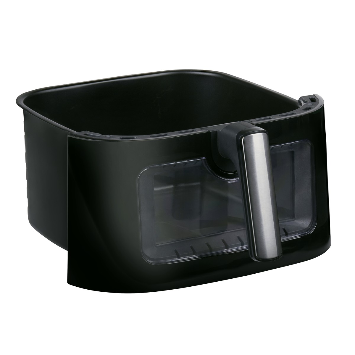 Black air fryer basket with a clear window and a silver handle.