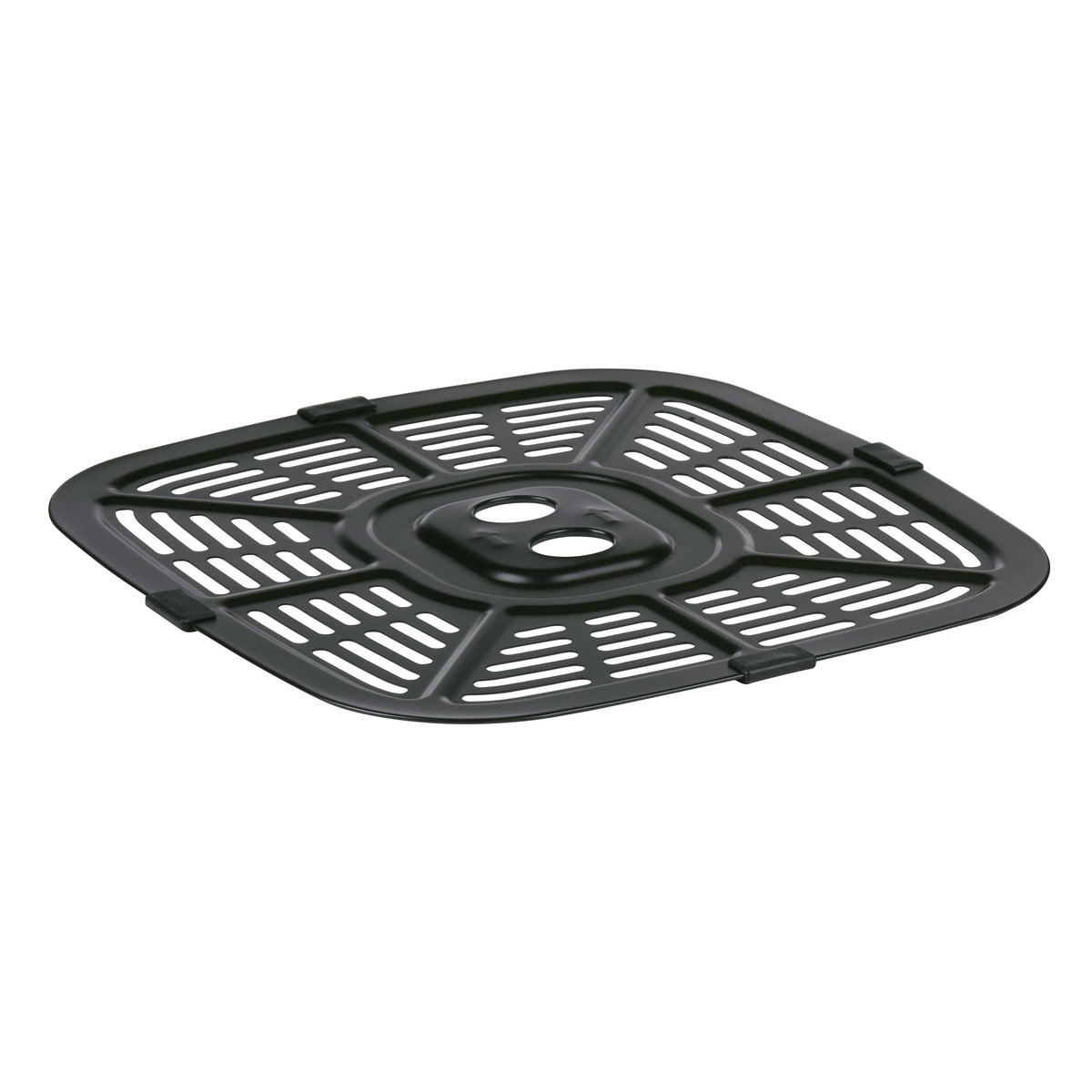 Black, square-shaped insert with slots and two central holes.