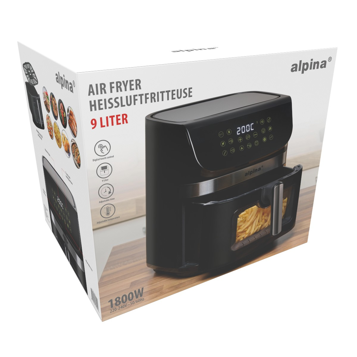 Black Alpina air fryer, 9L capacity, digital touch control, fries inside.
