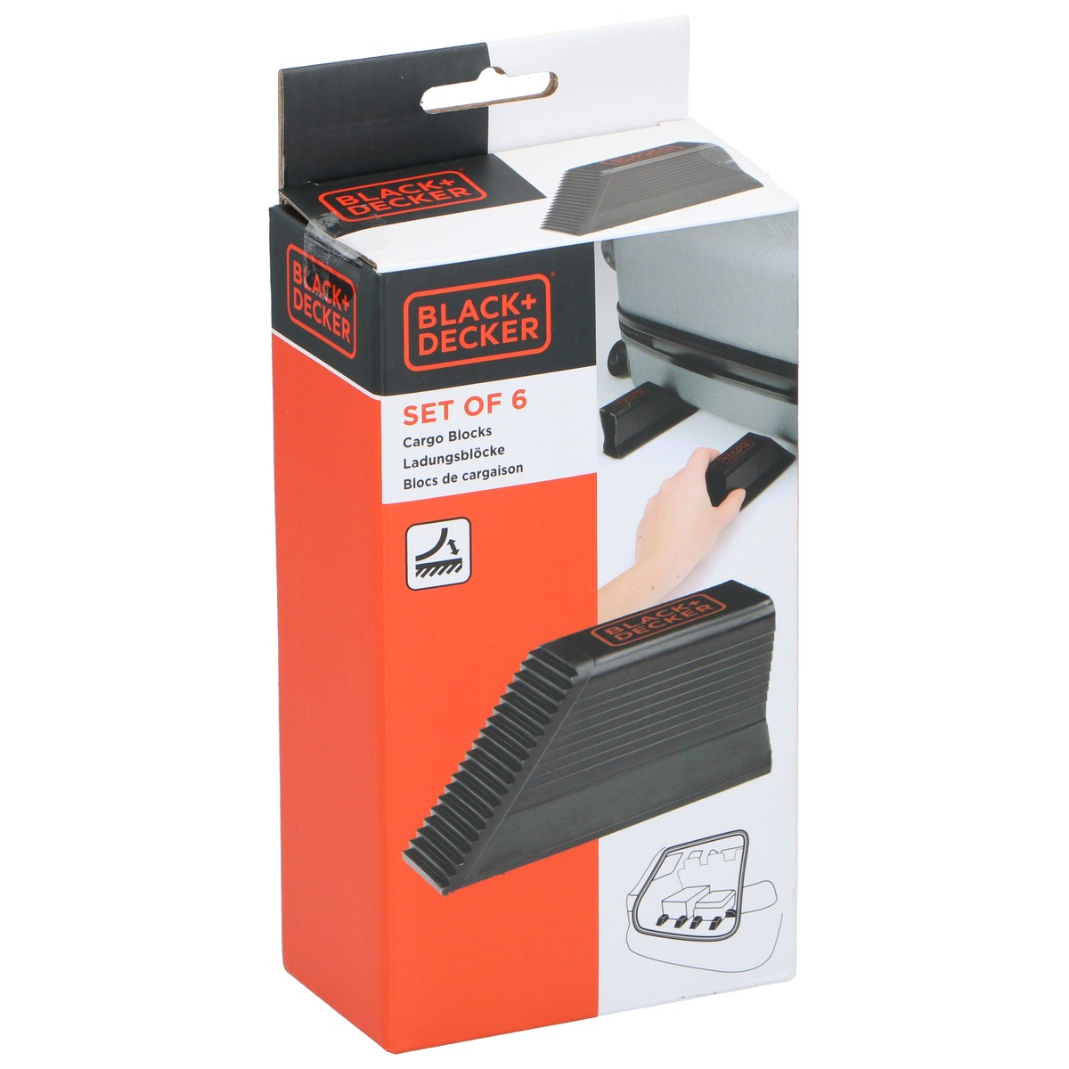 Packaging of 6 black Black+Decker cargo blocks for cars.