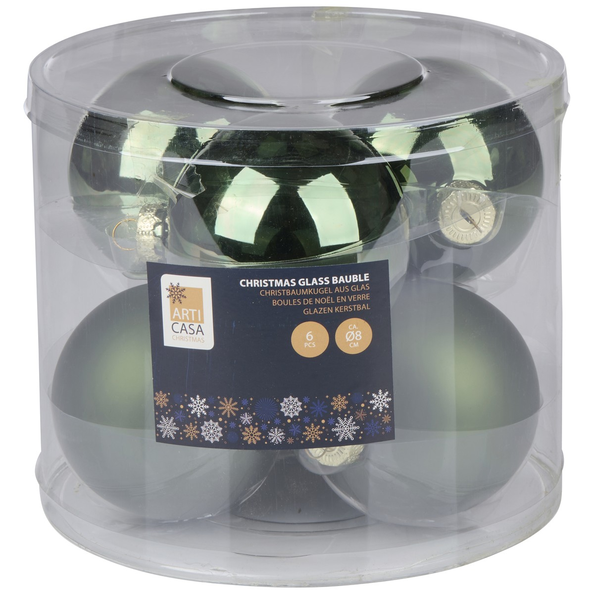 Six green glass Christmas baubles in clear packaging.