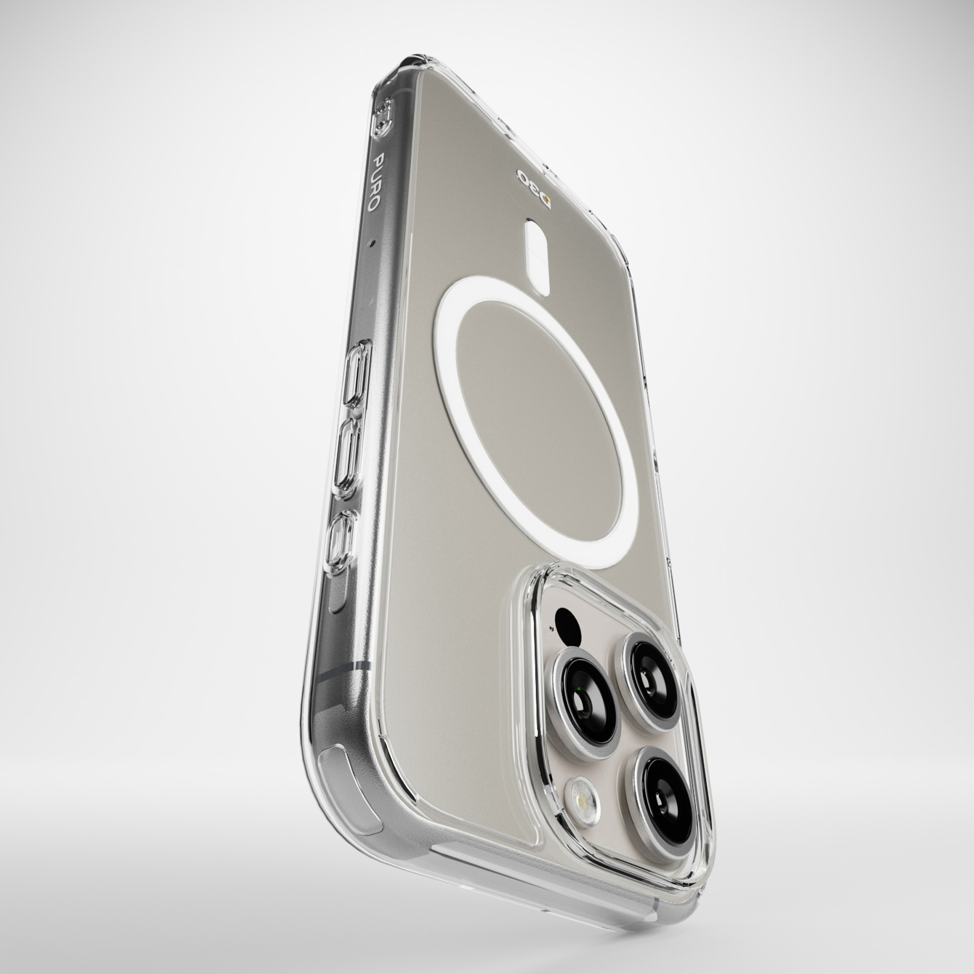 Custodia trasparente per telefono con tre obiettivi e anello magnetico rotondo.