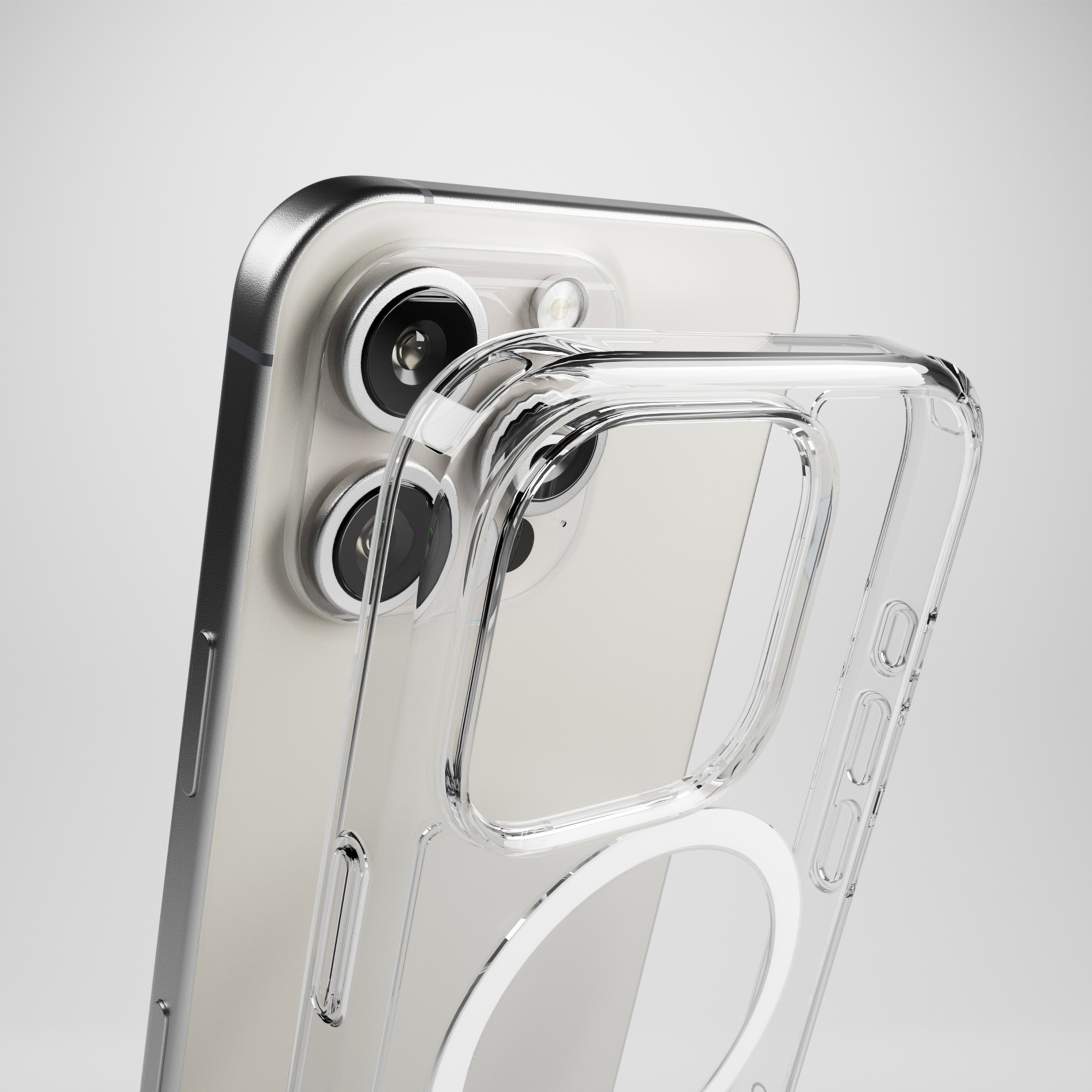 Custodia trasparente per telefono con anello magnetico su un telefono chiaro.