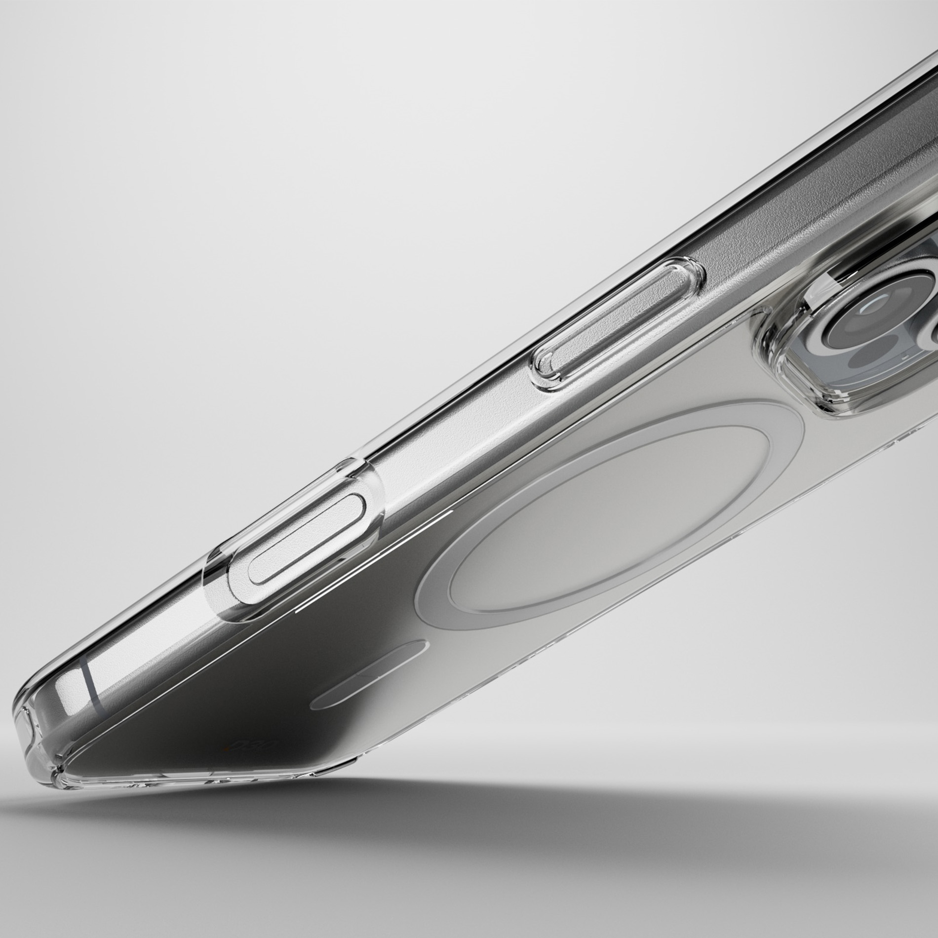 Custodia trasparente per telefono con ritaglio fotocamera e pulsanti.