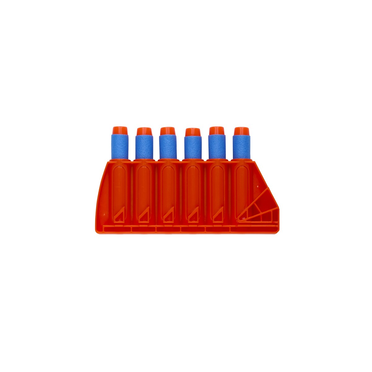 An orange ammo holder with six blue tips on a white background.