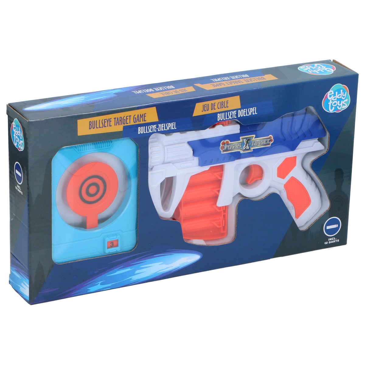 Boxed bullseye target game featuring a toy blaster gun and target.